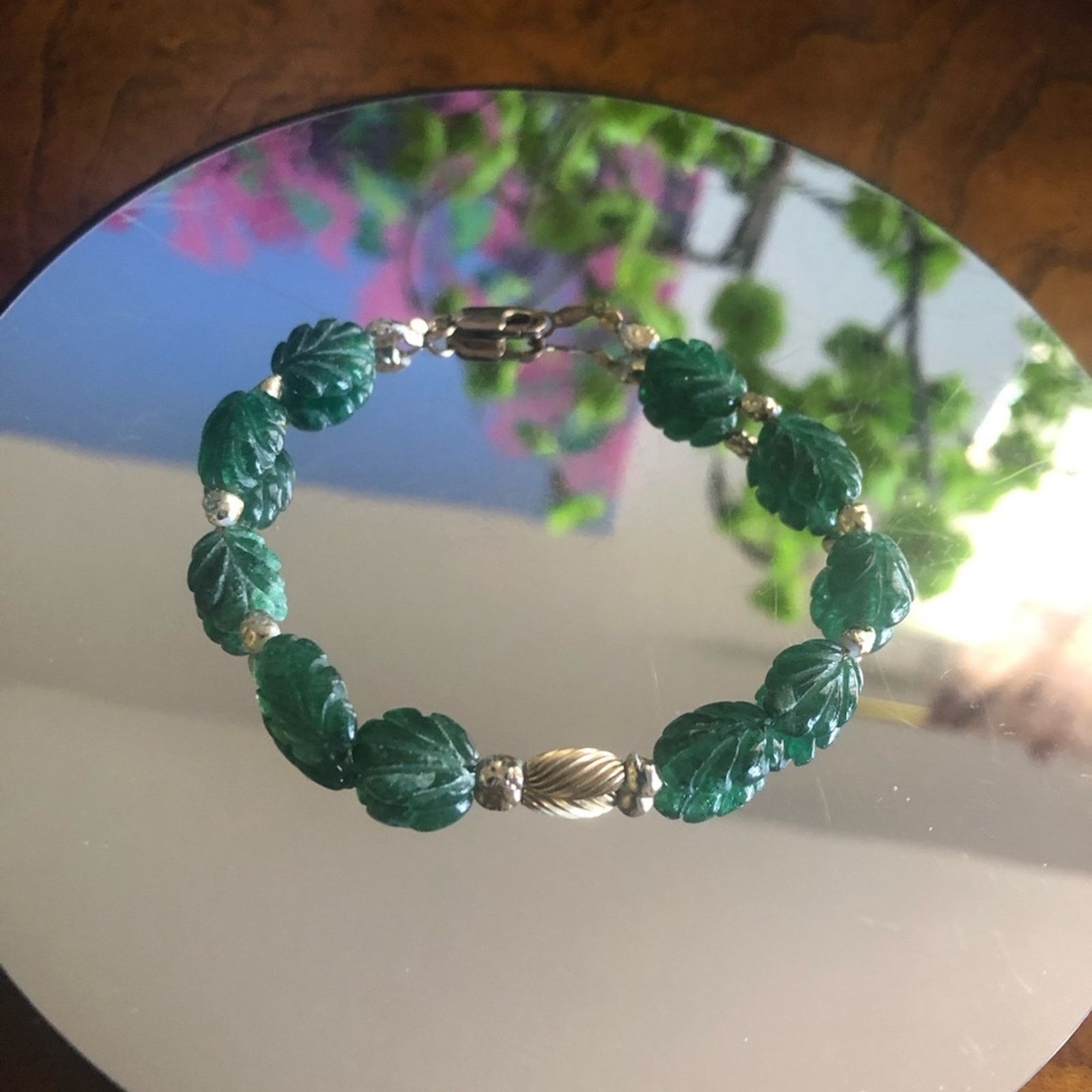 Vintage Vintage hand carved leaf nephrite jade gold filled bracelet Size ONE SIZE - 2 Thumbnail