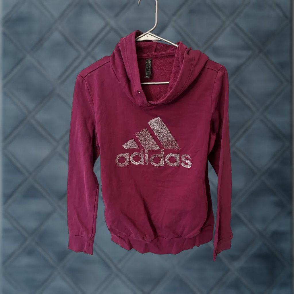 Adidas Adidas Hoodie Womens Small 8-10 Magenta Purple Sweatshirt No Drawstring Crew Neck Pullover Logo Activewear Pockets 100% Polyester Size S / US 4 / IT 40 - 1 Thumbnail