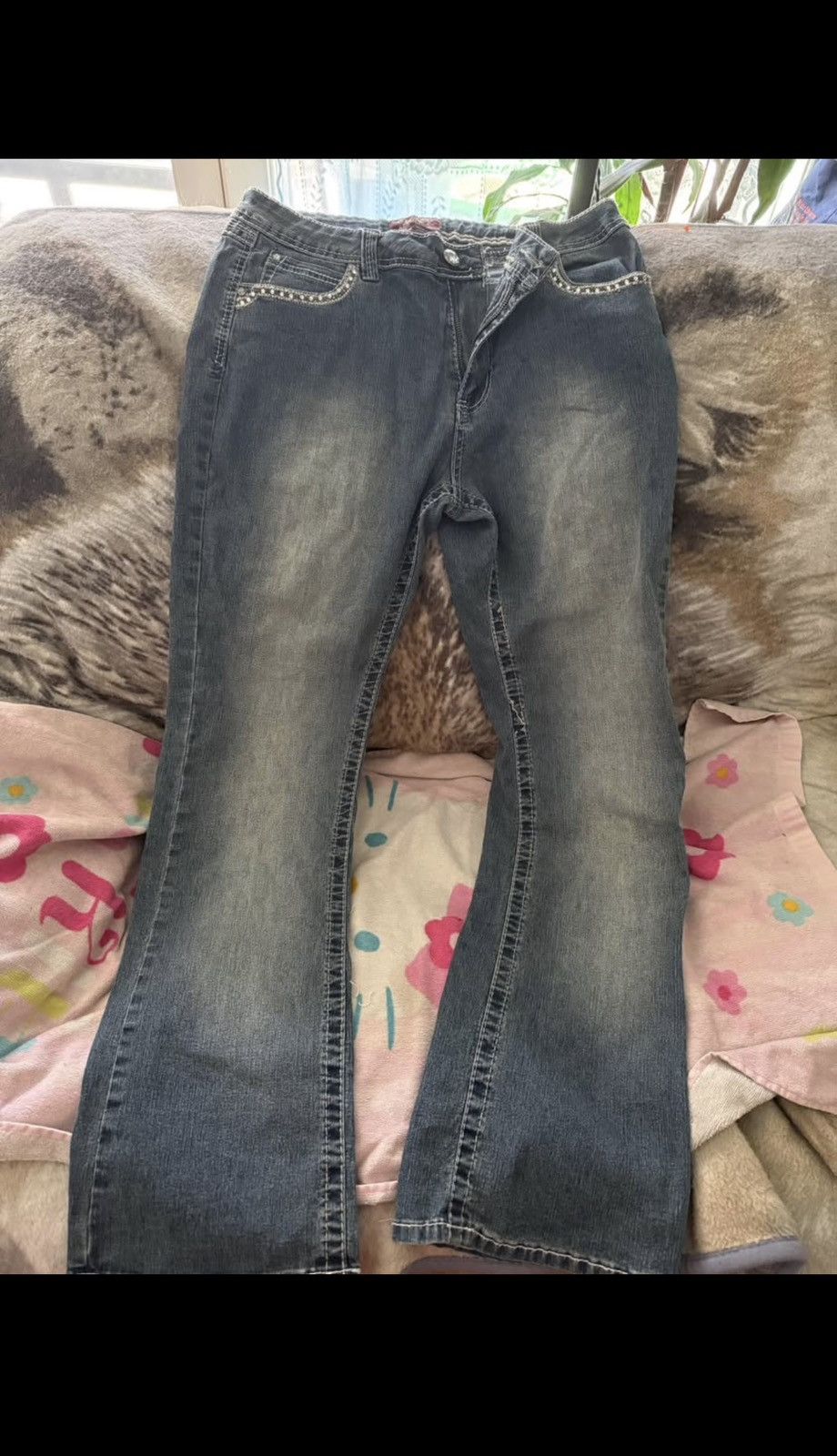 Other Angels mid rise bootcut flare jeans with bedazzled pockets Size 34" / US 12 / IT 48 - 3 Thumbnail