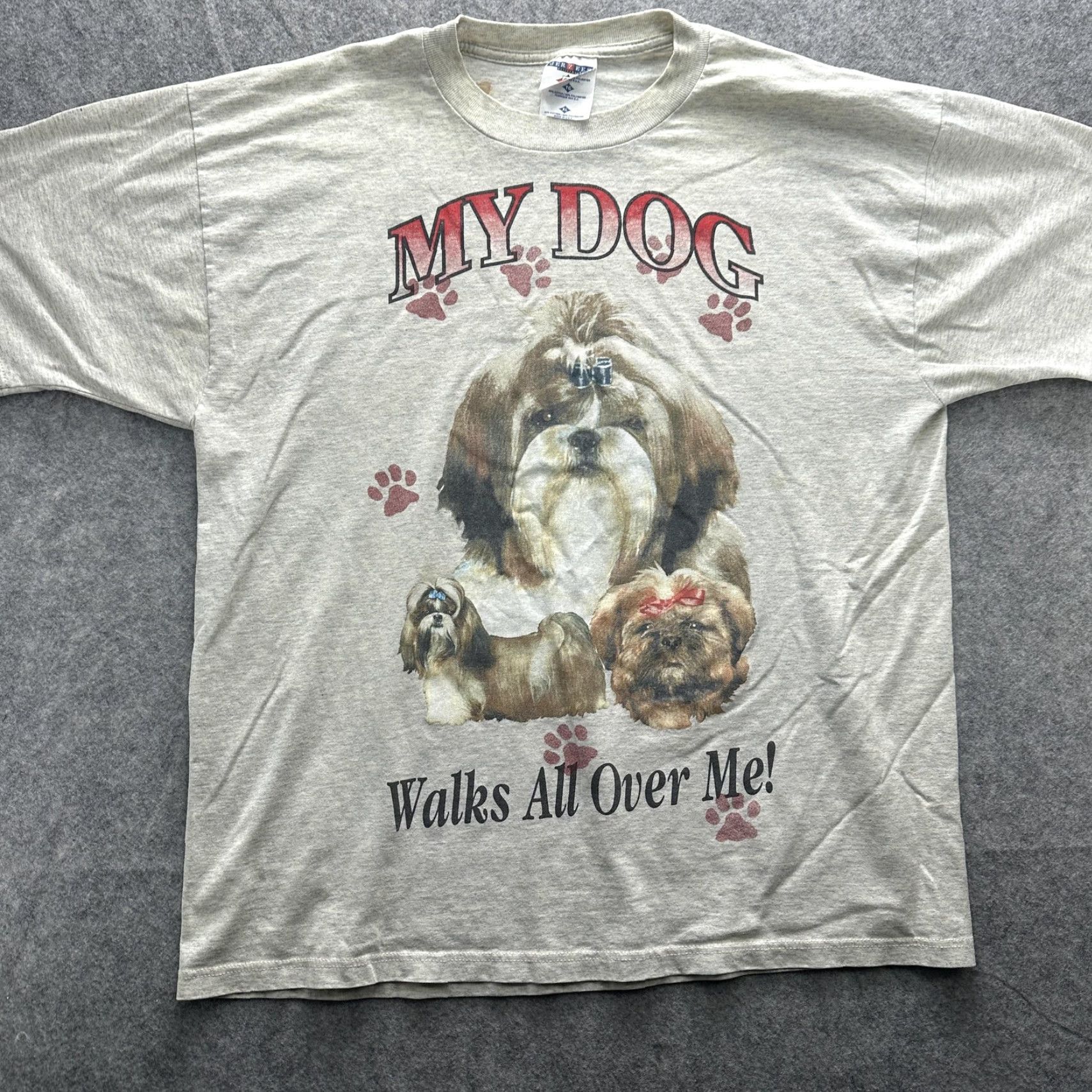 Jerzees VINTAGE Shih Tzu Dog Shirt Mens XL Gray Graphic My Dog Walks All Over Me 90s Size US XL / EU 56 / 4 - 2 Thumbnail