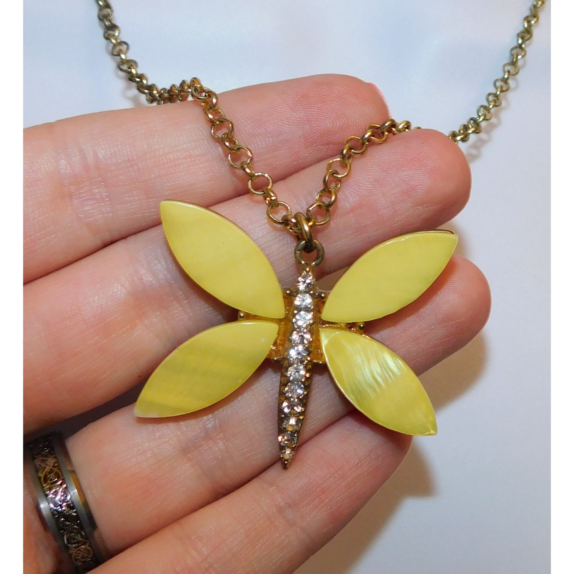 Other Fairycore Yellow Butterfly Shell And Rhinestone Pendant Neck Size ONE SIZE - 2 Thumbnail