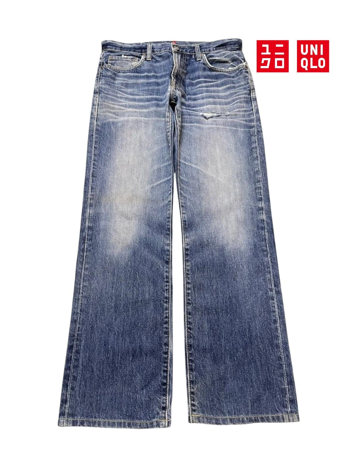 Uniqlo Vintage Y2K Uniqlo Blue Faded Wash Whiskers Straight Leg Fit Size US 32 / EU 48 - 1 Thumbnail