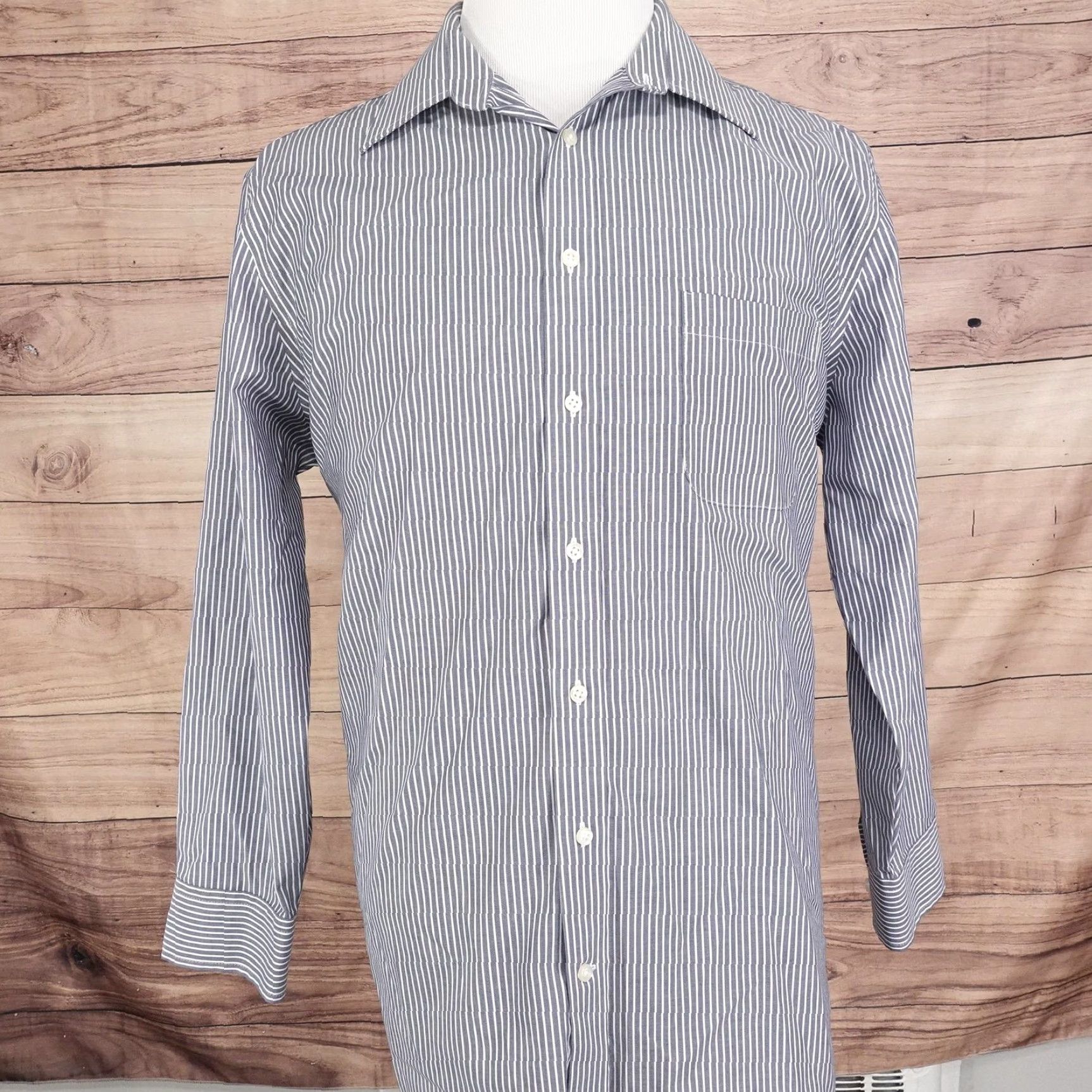 Stafford Stafford Shirt Mens 17 32-33 Blue White Stripe Fitted Performance Super Dress Shirt Size 46R - 3 Thumbnail