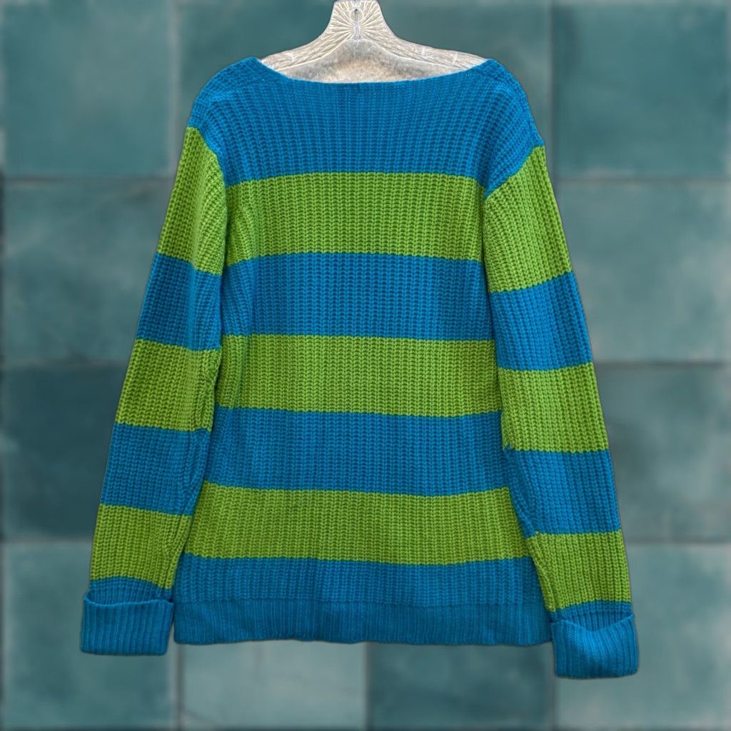 Vintage VINTAGE Y2K Sweater XL Blue Green Striped V-Neck Chunky Boho Fairy Grunge Planet Gold Mens Womens Girls Boys Clothing Size XL / US 12-14 / IT 48-50 - 1 Thumbnail
