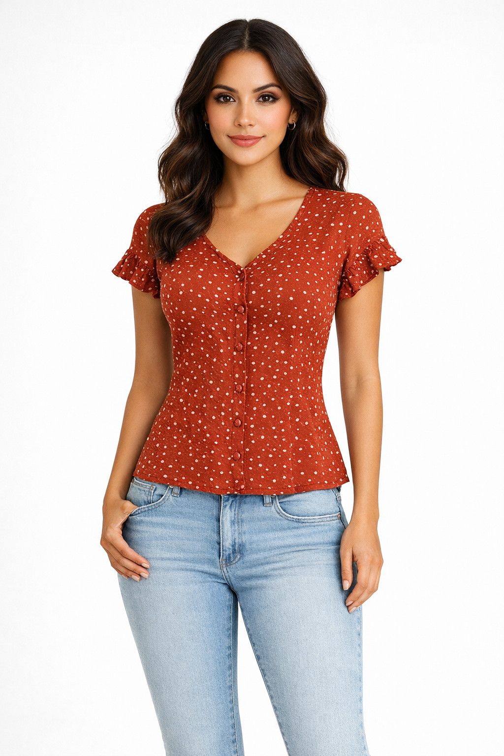 Macys Juniors Love, Fire Polka Dot Button Up Short Sleeve Top Twee Size XS / US 0-2 / IT 36-38 - 1 Thumbnail
