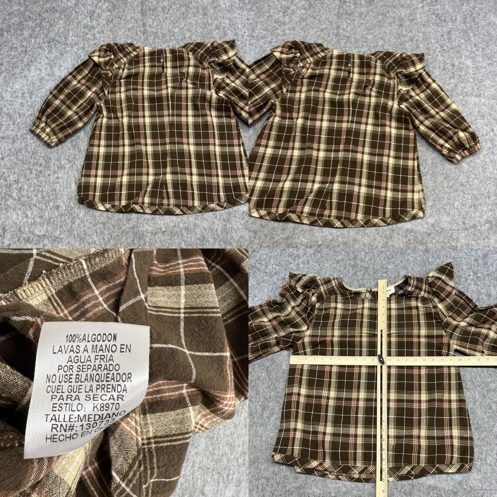 Vintage UMGEE Blouse Womens M Brown Plaid Tunic 3/4 Sleeve Cotton Top Ruffle Boho Shirt Size M / US 6-8 / IT 42-44 - 8 Thumbnail