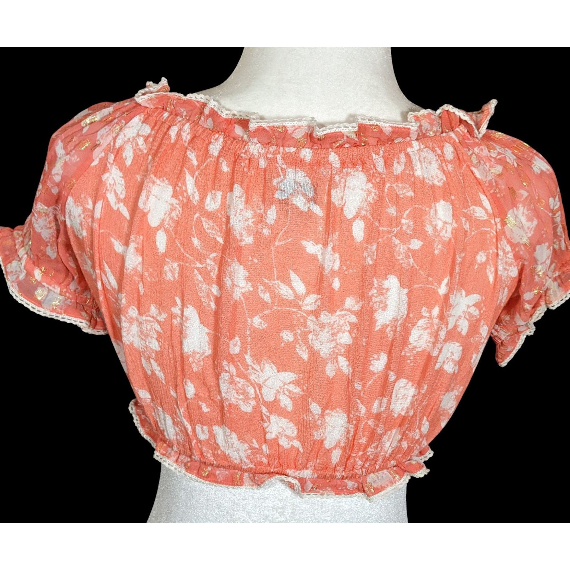 Other Sunday Saint-Tropez Pink/Orange Floral Ruffle Crop Top With Size M / US 6-8 / IT 42-44 - 2 Thumbnail