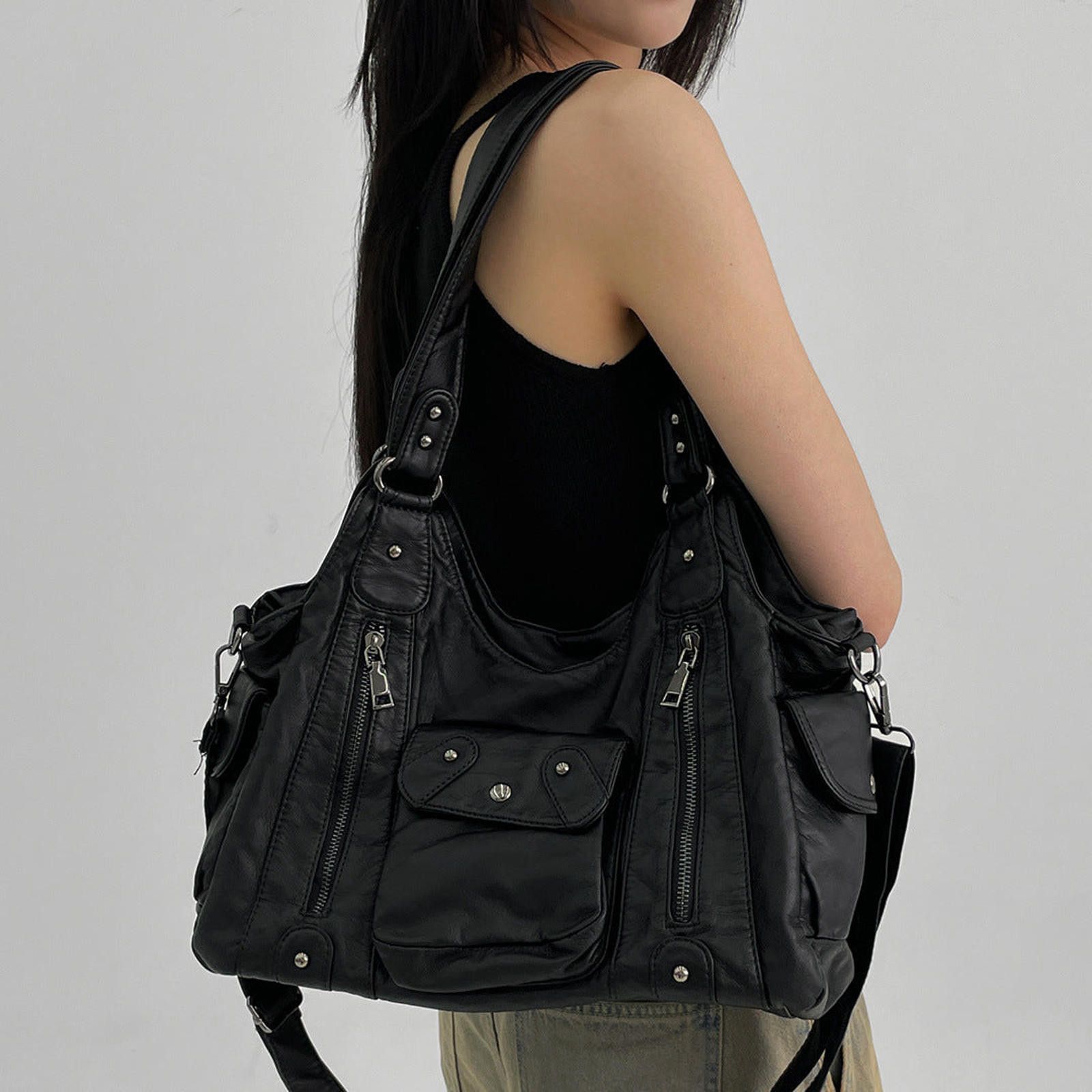 Vintage Black Multi-Pocket Shoulder Bag, Casual Everyday Bag Size ONE SIZE - 1 Thumbnail