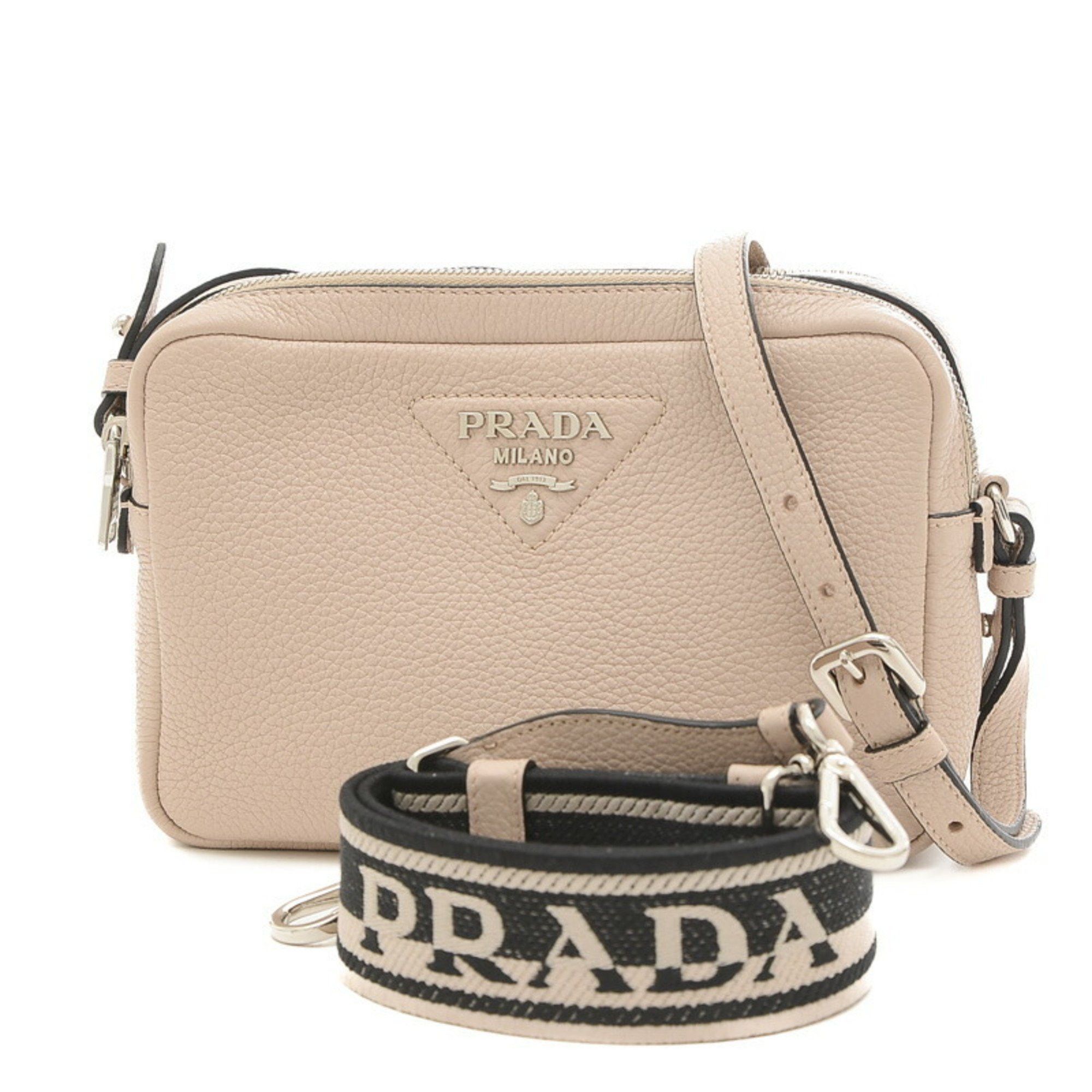 image of Prada Metal Double Shoulder Bag Leather Nymphea 1Bh082 in Beige, Women's