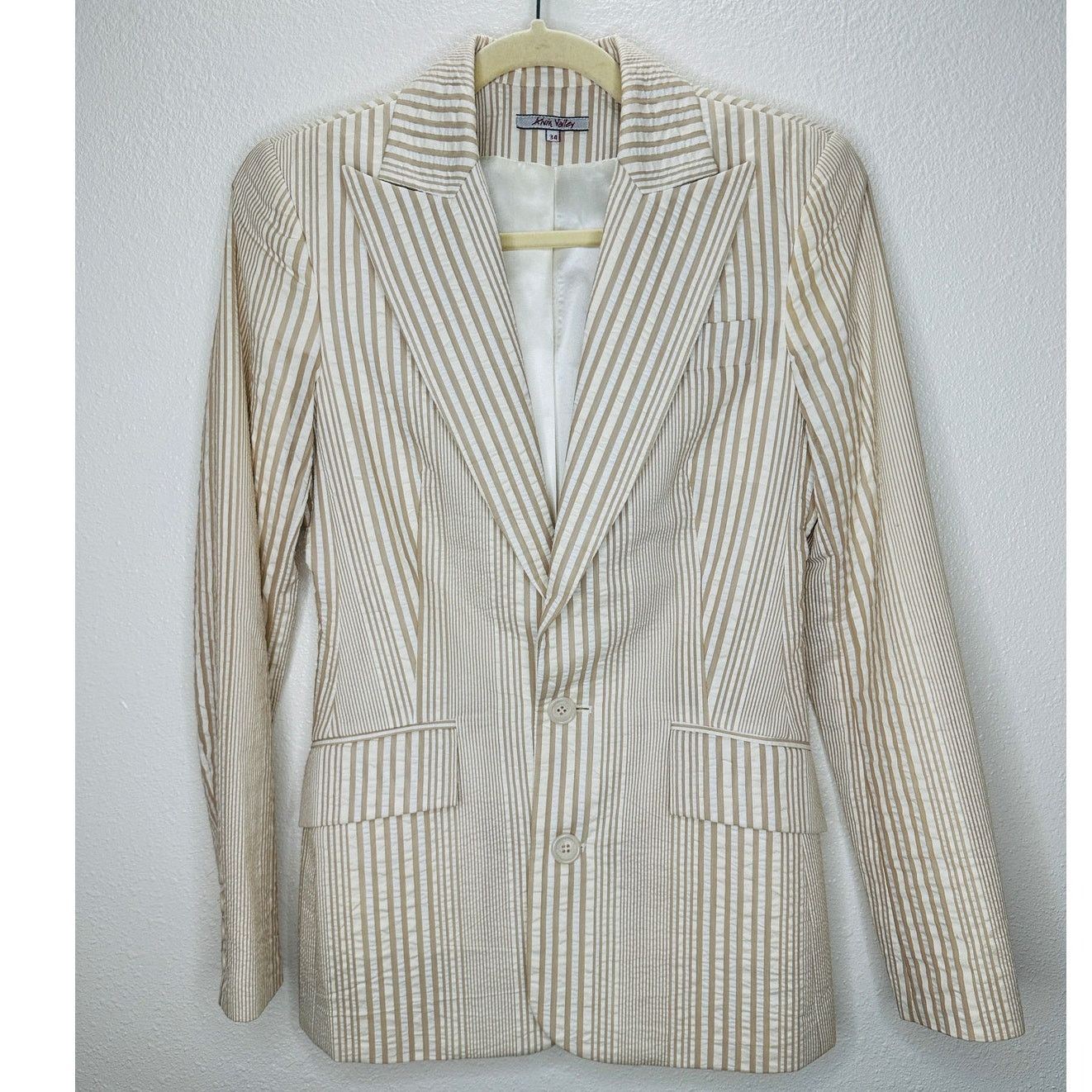 Other Alvin Valley Tan & Cream Stripe 3-Button Blazer Jacket 34 Size S / US 4 / IT 40 - 2 Thumbnail