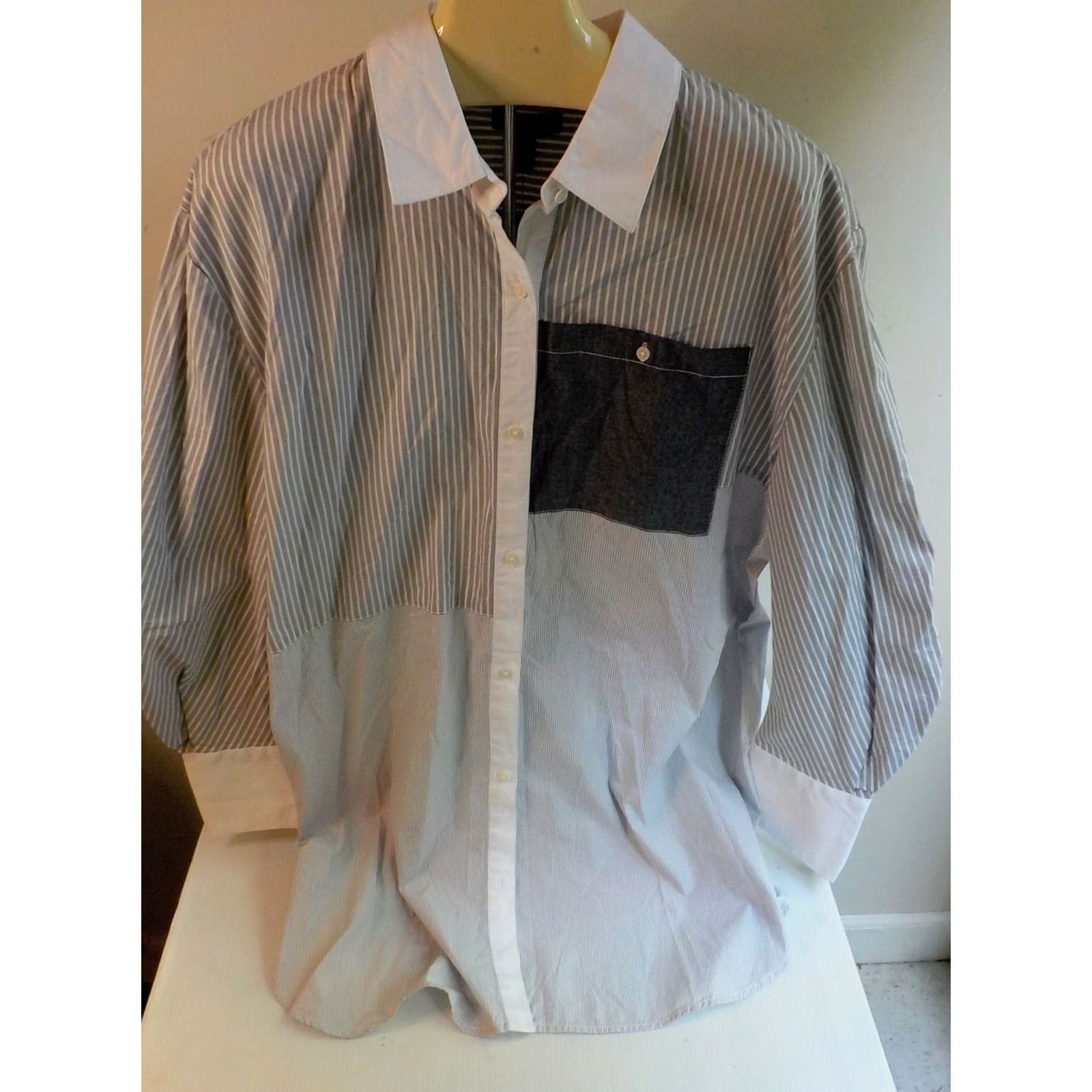 Kenneth Cole KENNETH COLE LS Button Front Multi Striped Shirt Women Blouse Collared 100% Cotton White Gray NWT Size L Size L / US 10 / IT 46 - 2 Thumbnail