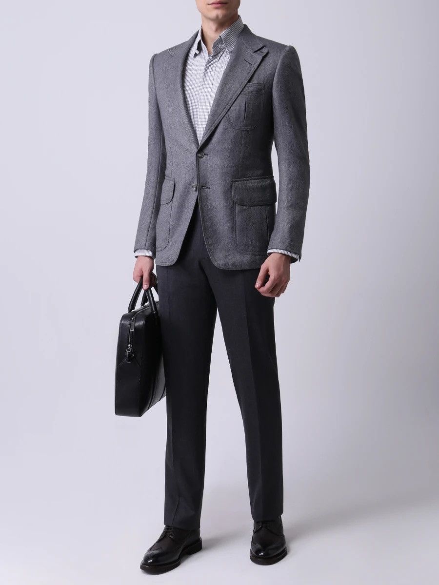 Tom Ford Tom Ford Gray Tailored Jacket with Leather Suede Detailing Size 52R - 1 Thumbnail