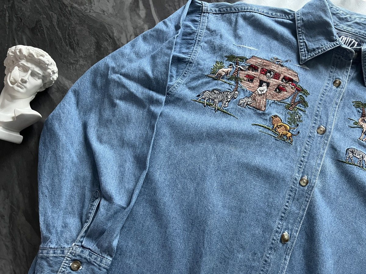 Vintage Quizz Newyork : Embroidered Animal Zoo Denim Shirt Size XXL / US 16-18 / IT 52-54 - 3 Thumbnail
