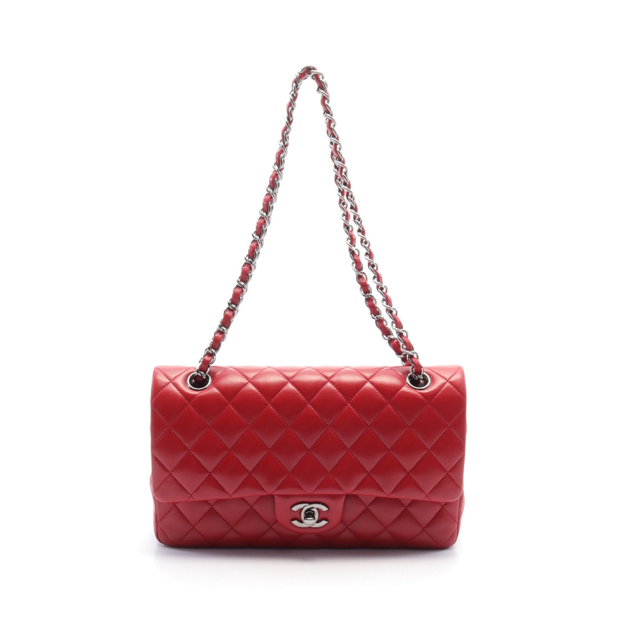Chanel Matelasse Double Flap Chain Shoulder Bag Leather Red Silver