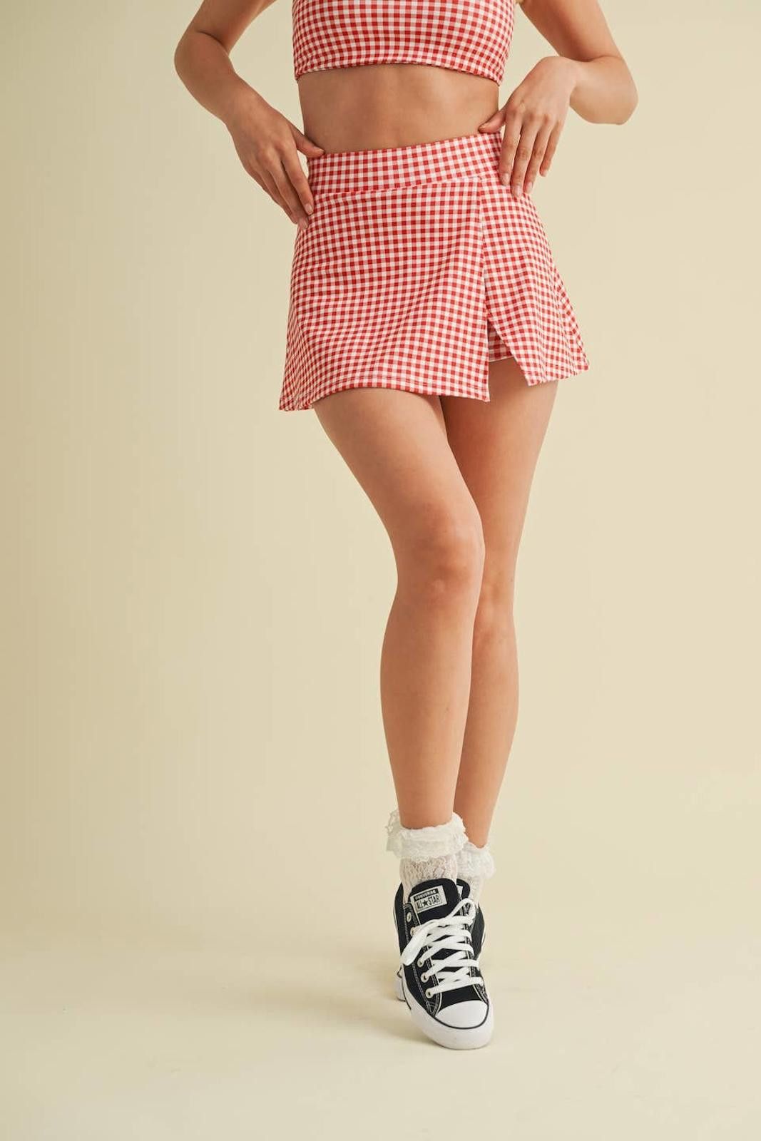 Christian Kimber Gingham Print Side Slit A-Line Skort with Pocket by Kimberly Size ONE SIZE - 1 Thumbnail