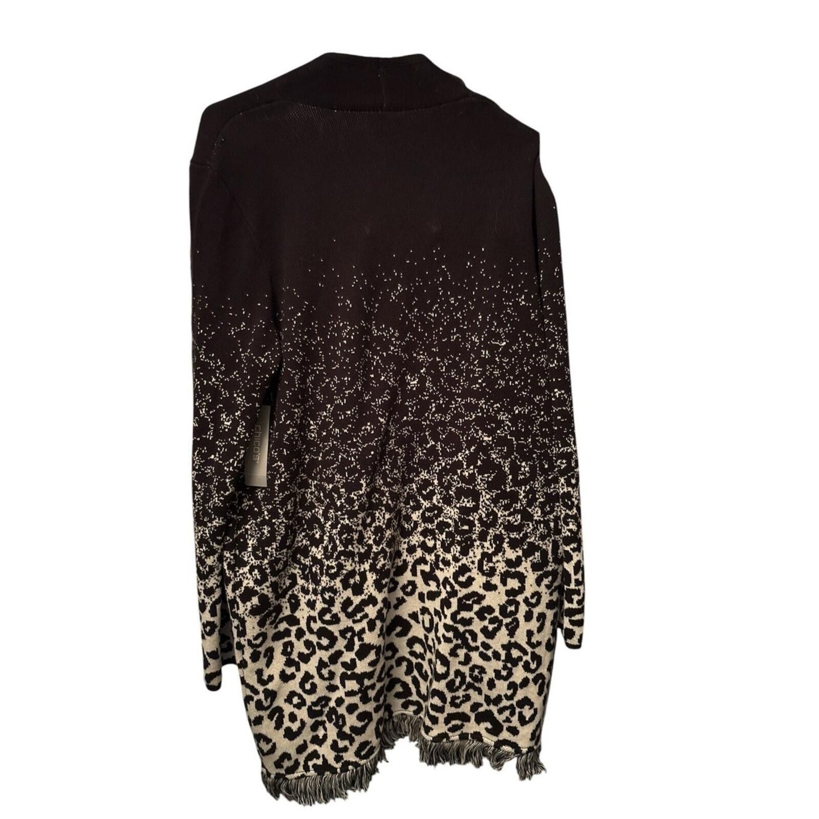 Chicos Chico's Black Cream Leopard Ombre Open Cardigan with Fringe Size M / US 6-8 / IT 42-44 - 2 Thumbnail