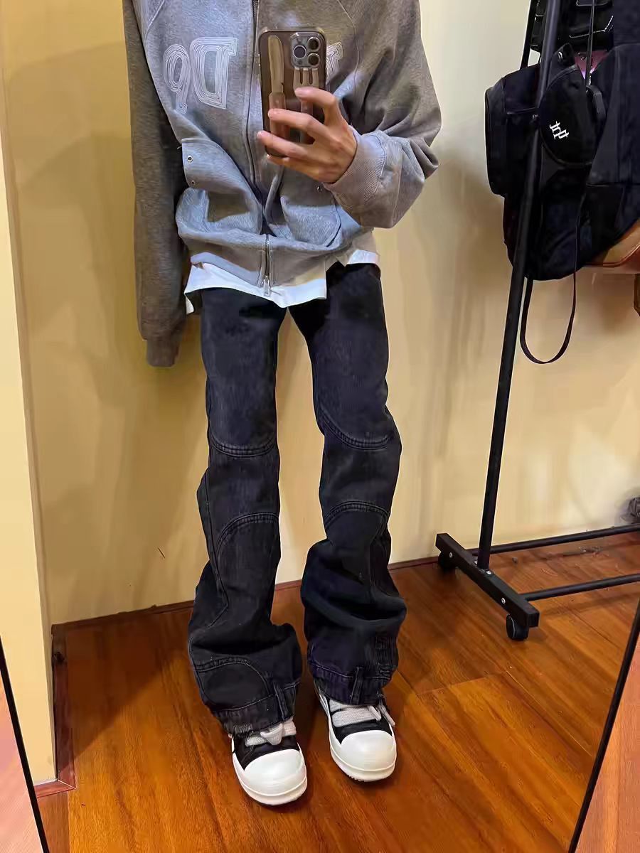 Washed and spliced straight leg micro flare jeans