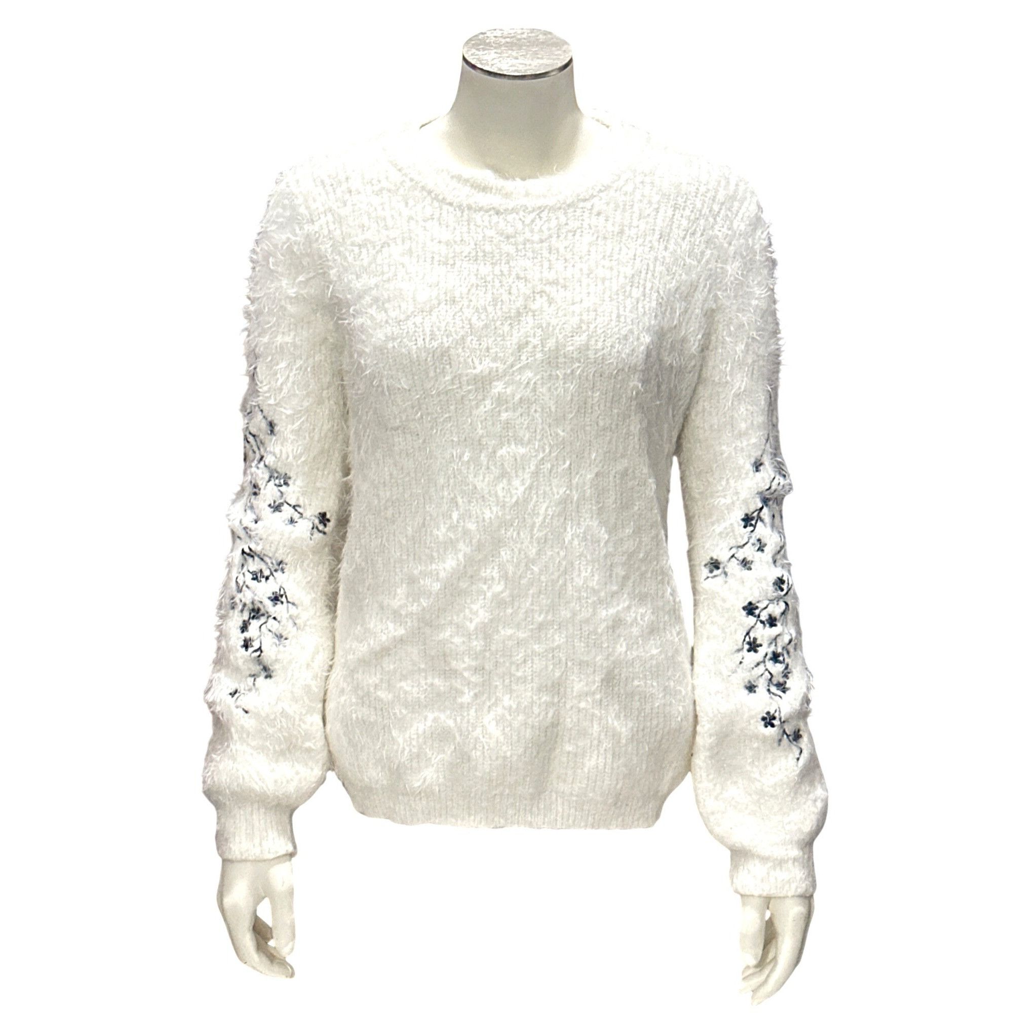 Nordstrom Woven Heart Large Ivory Fuzzy Floral Embroidered Sweater Cot Size L / US 10 / IT 46 - 2 Thumbnail