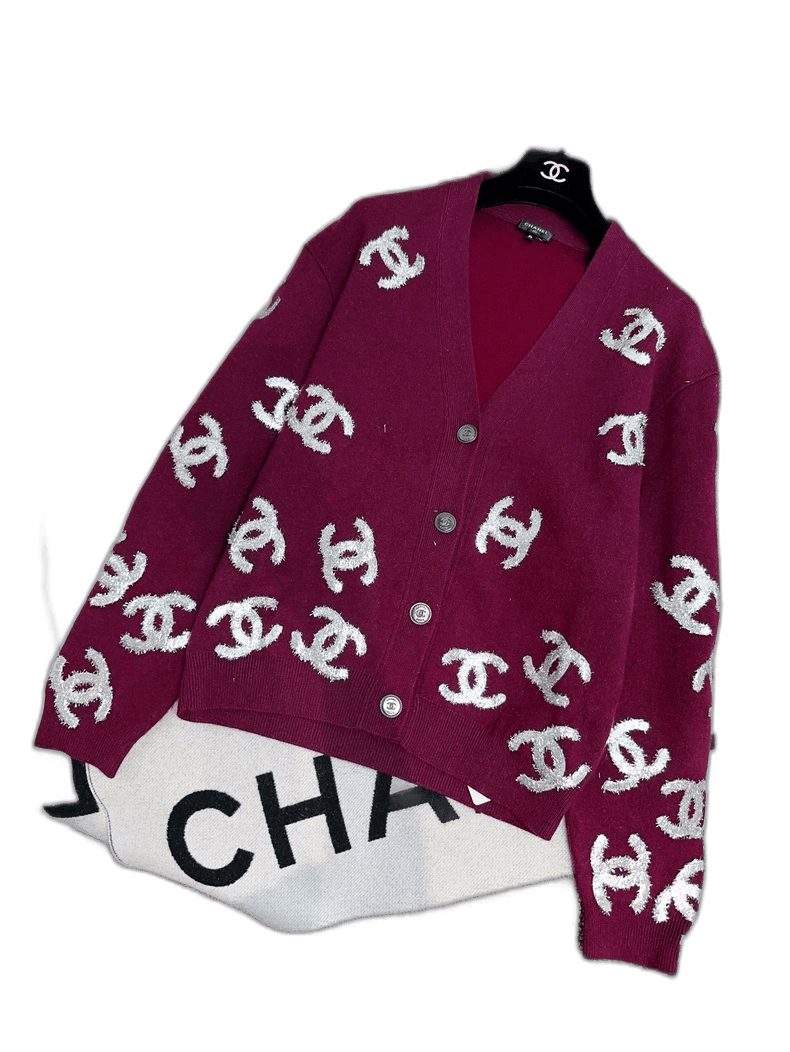 Chanel Chanel Burgundy Knit Cardigan with Logo Size S / US 4 / IT 40 - 1 Thumbnail