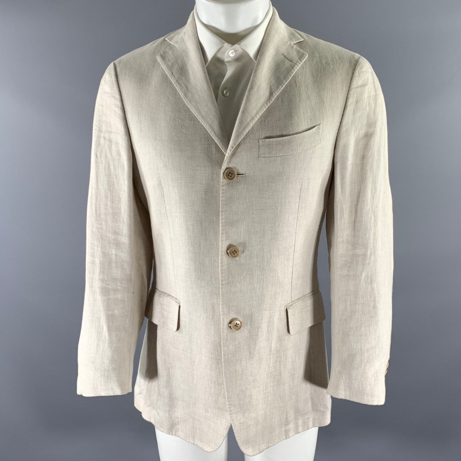 Salvatore Ferragamo SALVATORE FERRAGAMO Cream Herringbone Linen Sport Coat Size 38R - 1 Thumbnail
