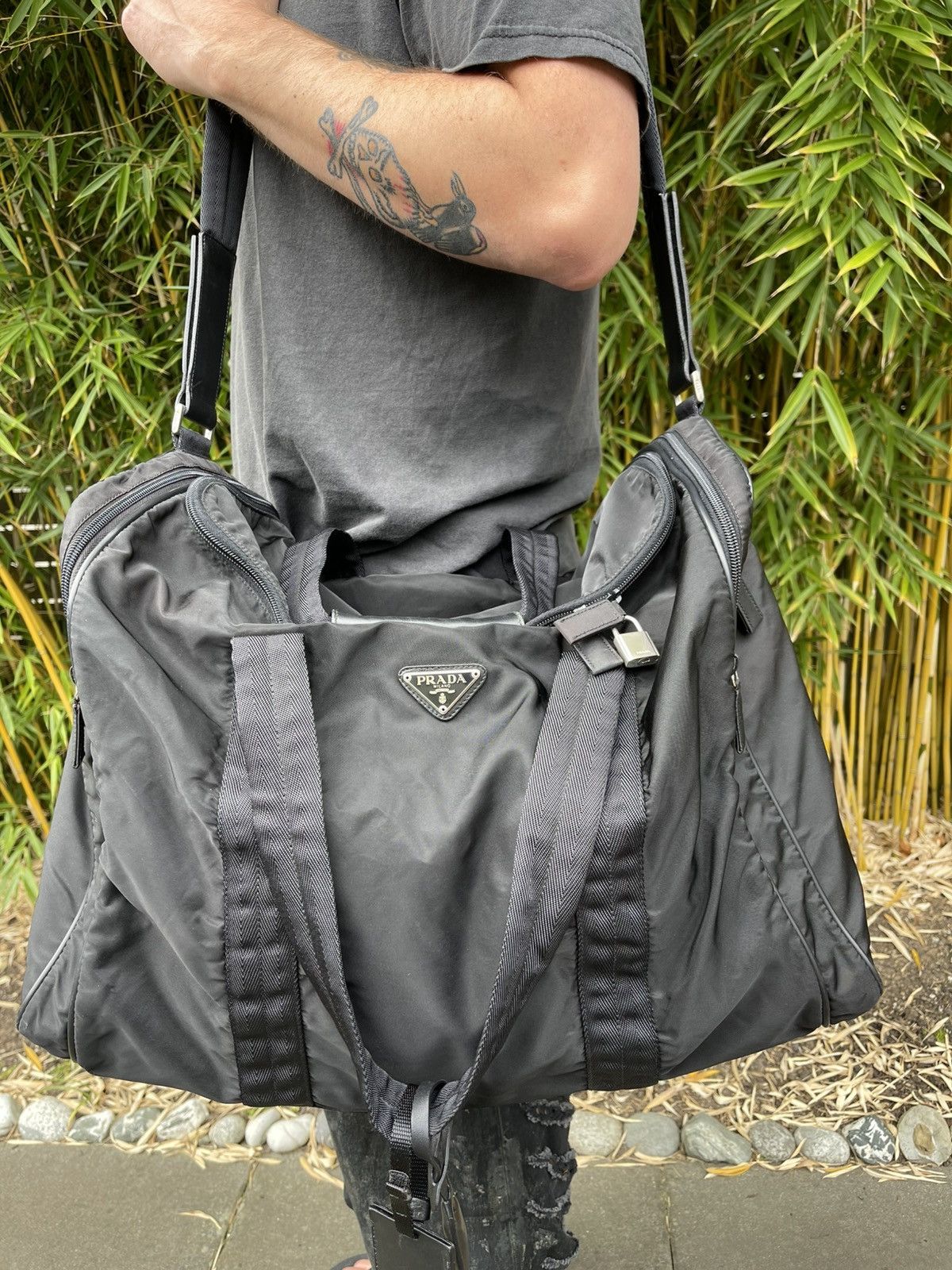 Prada 🖤 Prada Nylon Leather 2 way Duffle Bag w/ Lock & Charms 🖤 Size ONE SIZE - 3 Thumbnail
