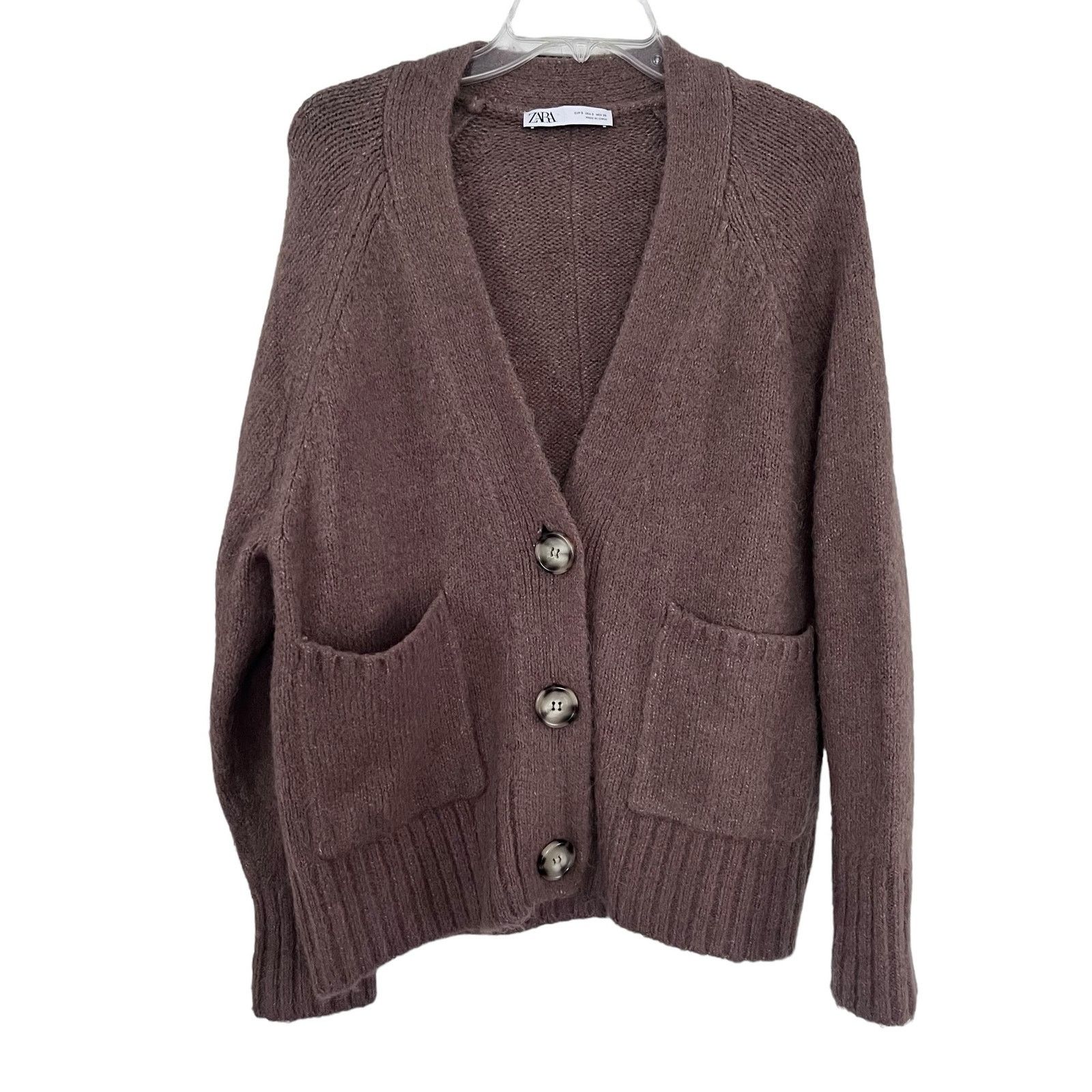 Zara Brown Knit V-Neck Button Front Cardigan Sweater