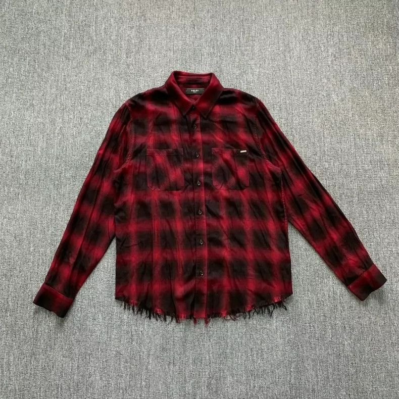 Amiri Amiri Red Distressed Fringed Plaid Shirt Size US M / EU 48-50 / 2 - 1 Thumbnail