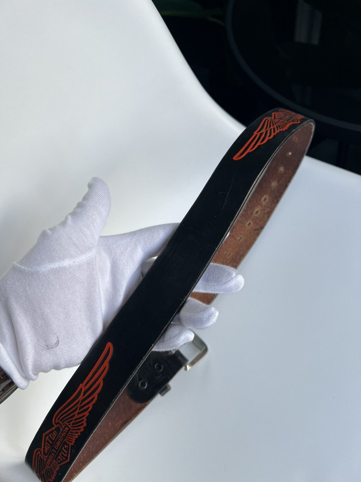 Harley Davidson Harley-Davidson Leather Belt Black Red Wings USA S Vintage Size 30 - 7 Thumbnail