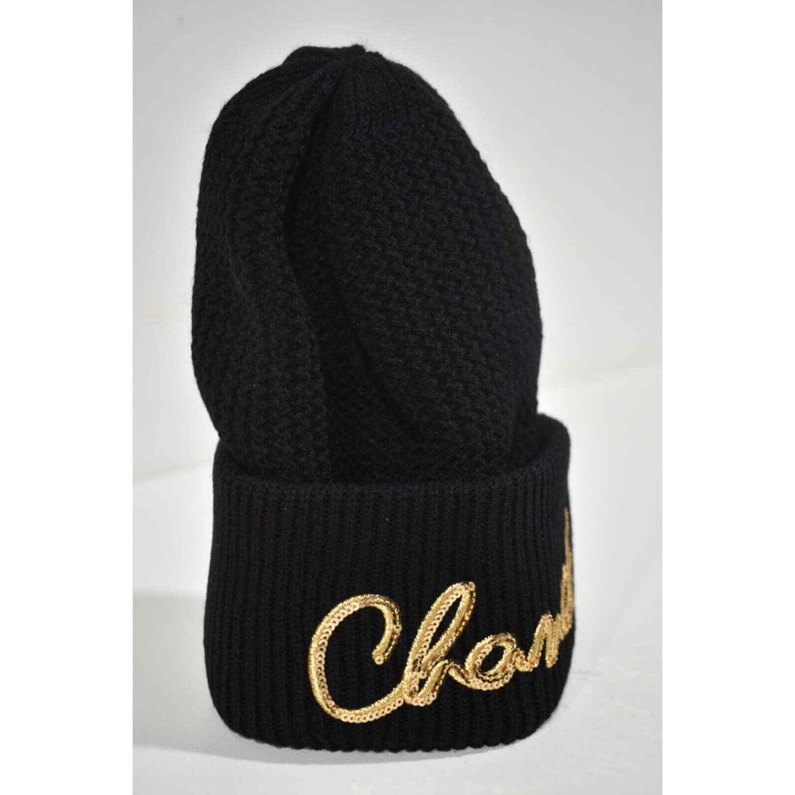 Chanel 22A Cashmere Black Gold Sequin Beanie Winter Hat Cap