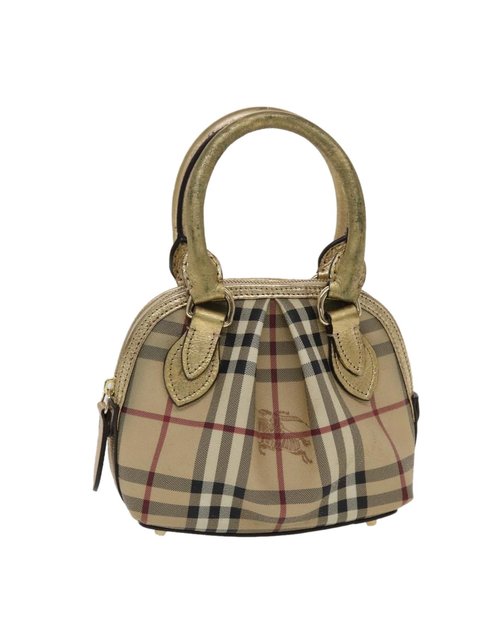 image of Burberry Checkered Pvc Leather Hand Bag With Gold Accents in Beige, Women's