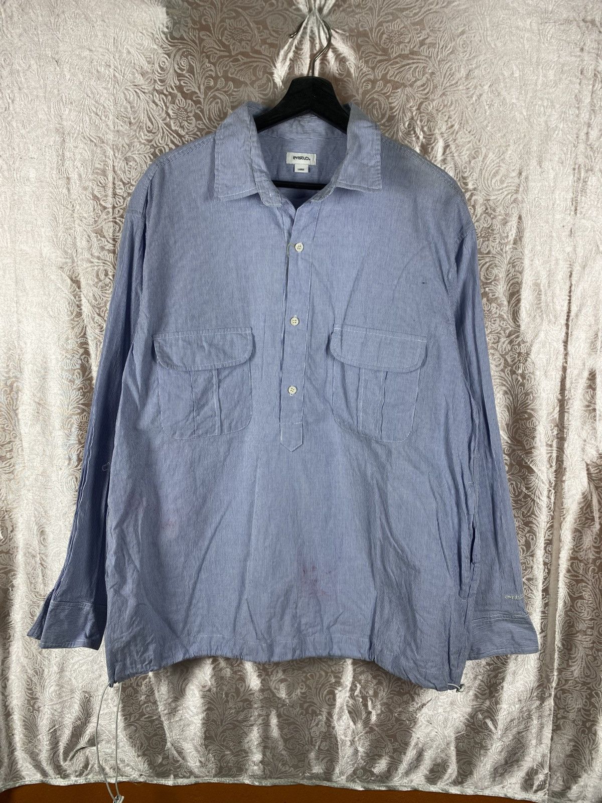 Japanese Brand Evistud Blue Stripe Pullover Shirt Jacket Double Pocket Size US L / EU 52-54 / 3 - 3 Thumbnail