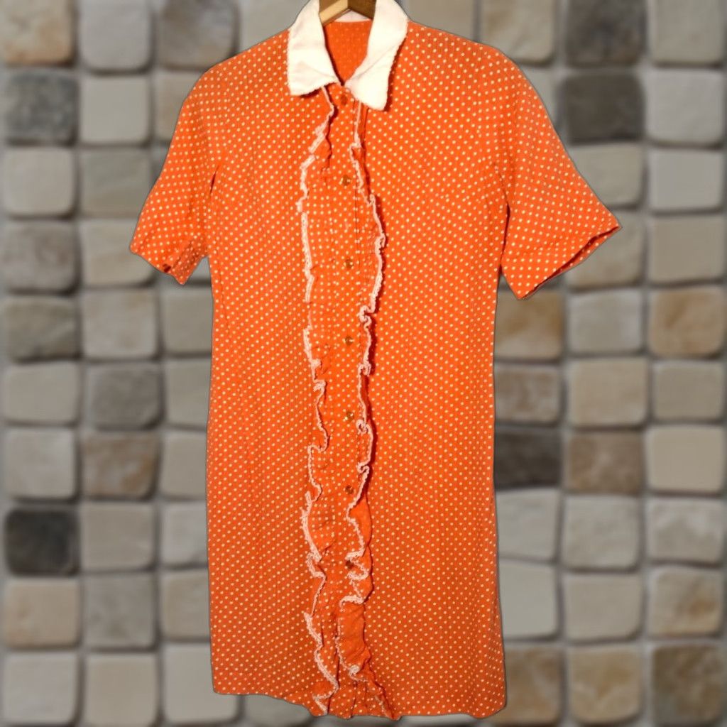 Vintage Vintage House Dress Size 6 Orange Polka Dot Button Collared 1960s Mod Short Slv Size 28" / US 6 / IT 42 - 1 Thumbnail