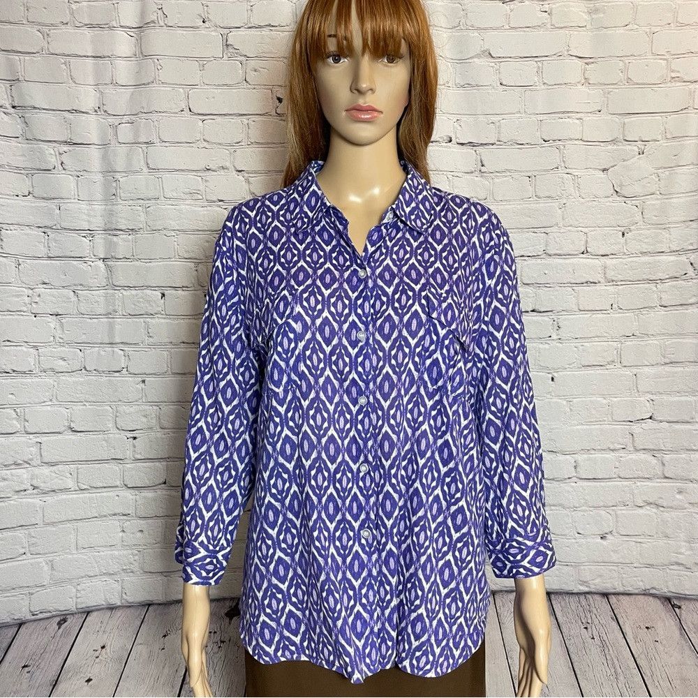 Chicos Chico's Purple Cotton Ikat 3/4 Sleeve Button Shirt Size 3 U Size XL / US 12-14 / IT 48-50 - 1 Thumbnail