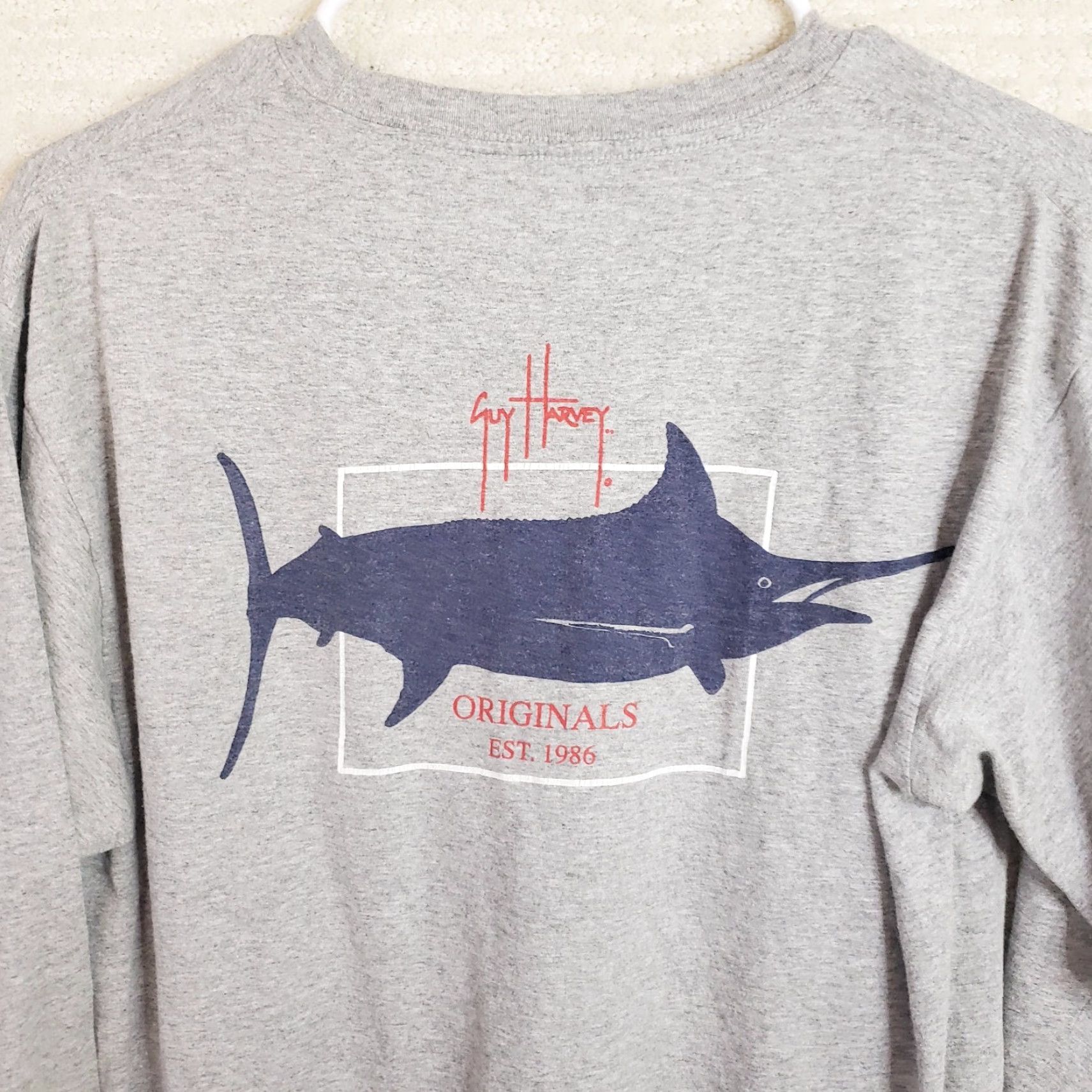 Guy Harvey Guy Harvey Long Sleeve T-Shirt Mens M Gray Crew Neck Marlin Back Logo Front & Back Graphics Jersey Solid Pattern Size US M / EU 48-50 / 2 - 6 Thumbnail