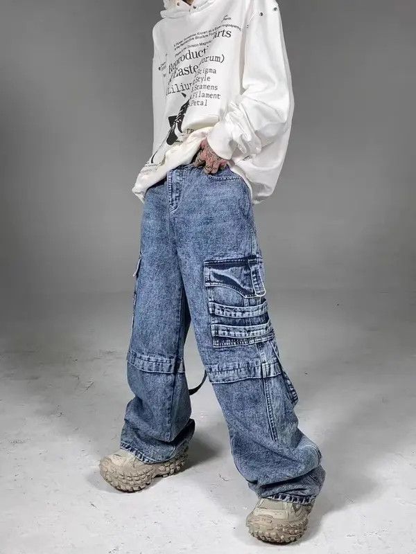 image of Heavy Washed Street Style Long Strap Wide Leg Jeans in Blue, Men's (Size 32)
