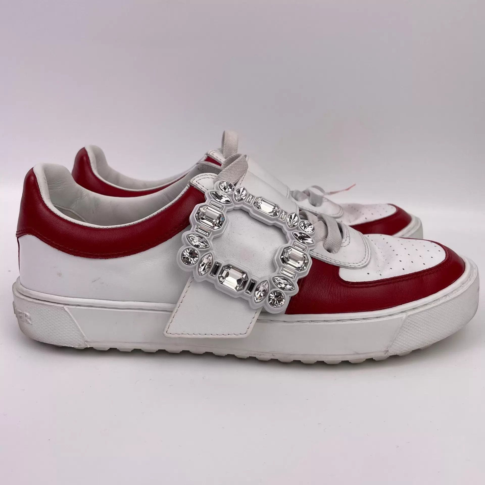 Roger Vivier RV Crystal Buckle Low-Top Sneakers White Red 39.5 Size US 9 / IT 39 - 2 Thumbnail
