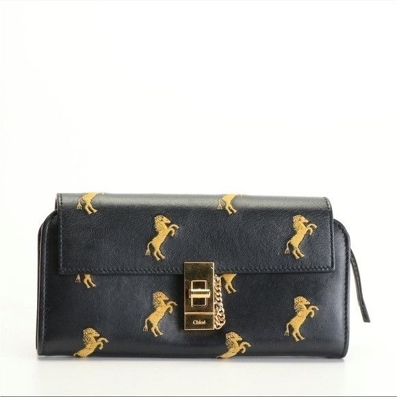 Chloe Chloé Continental Wallet Drew Horse Embroidered Leather Navy Size ONE SIZE - 4 Thumbnail