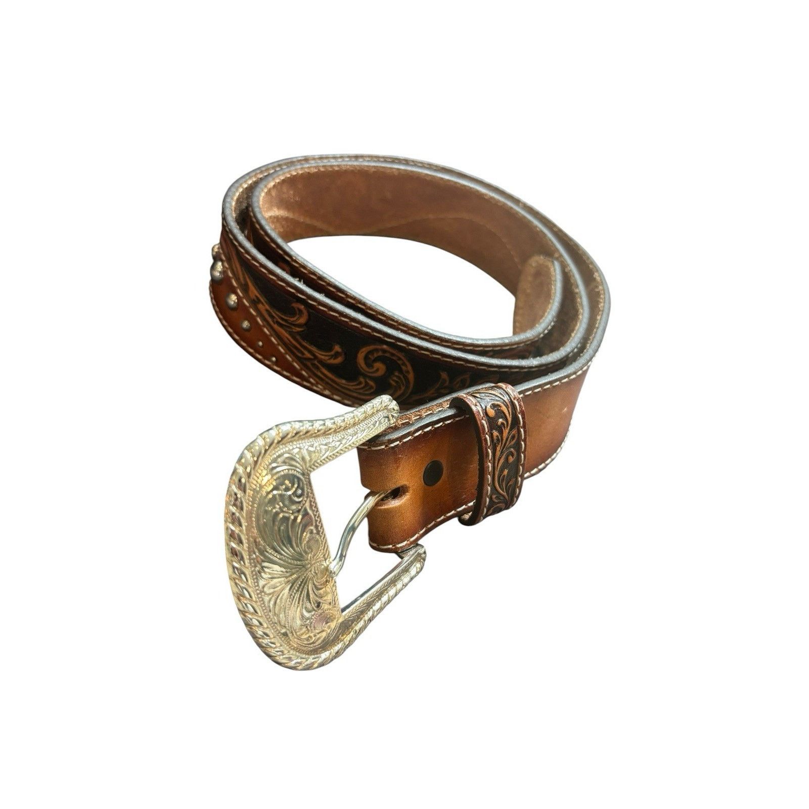 Tony Lama Tony Lama Belt Tan Brown Tooled Embossed Leather Studded 36 Size 36 - 1 Thumbnail