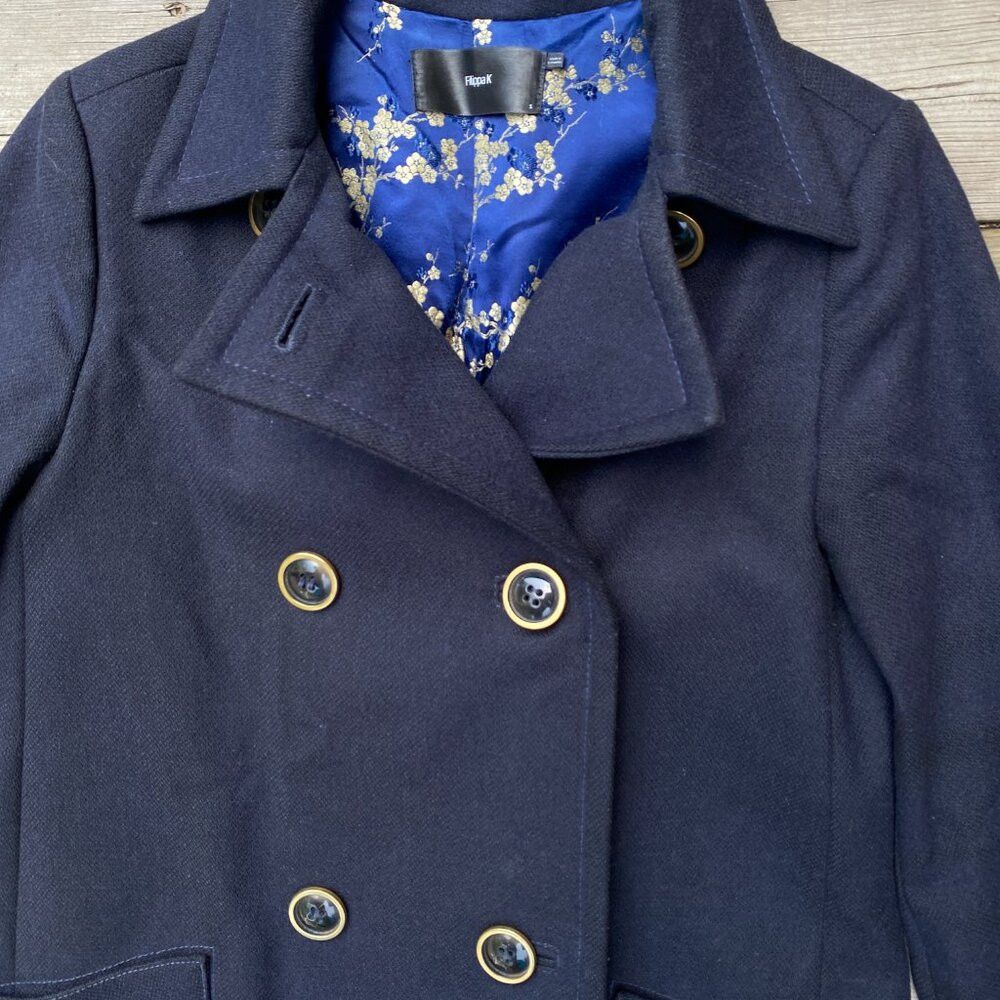 Filippa K × Vintage Vintage 1998 Flippa K Floral Print Pea Coat Small Navy Blue Size S / US 4 / IT 40 - 3 Thumbnail
