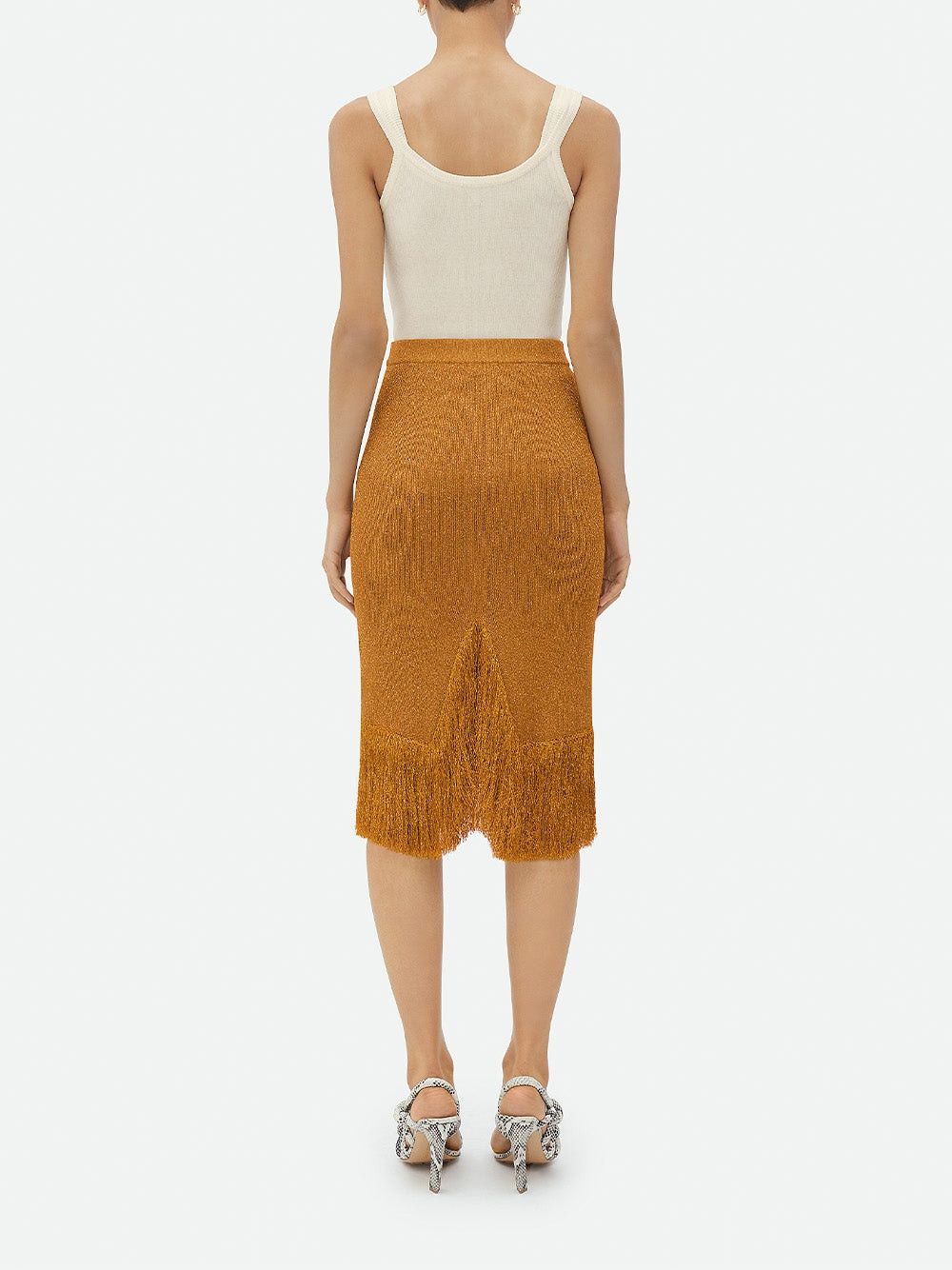 Bottega Veneta o1bcso1str0225 Fringed Hem Lurex Ribbed Midi Skirt Mustard Size 30" / US 8 / IT 44 - 3 Thumbnail