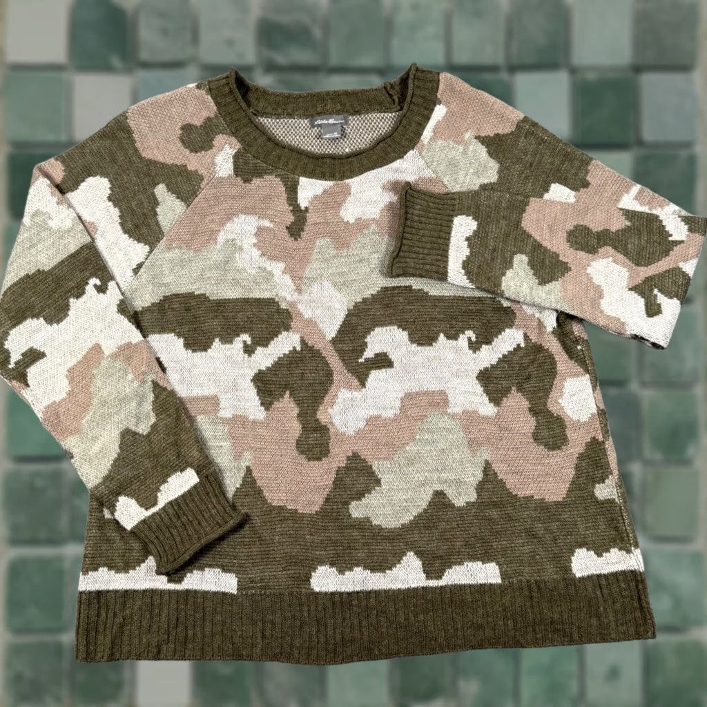 Eddie Bauer Eddie Bauer Camouflage Knit Sweater Pullover Raglan Sleeve Crew Neck Women's M Green Tan Autumn Winter Casual Outdoor Fashion Size M / US 6-8 / IT 42-44 - 1 Thumbnail