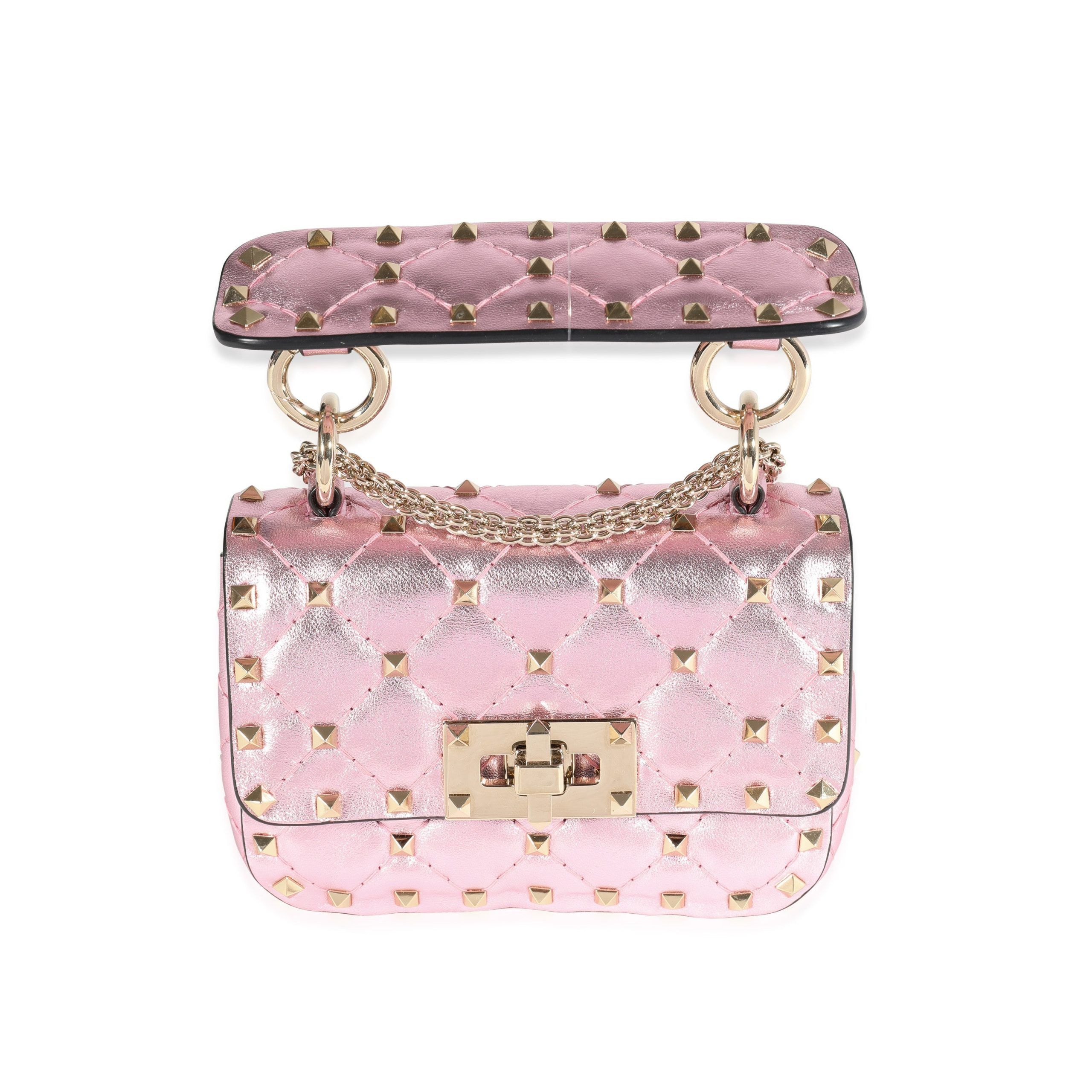 image of Valentino Metallic Pink Nappa Leather Rockstud Spike Micro Bag, Women's