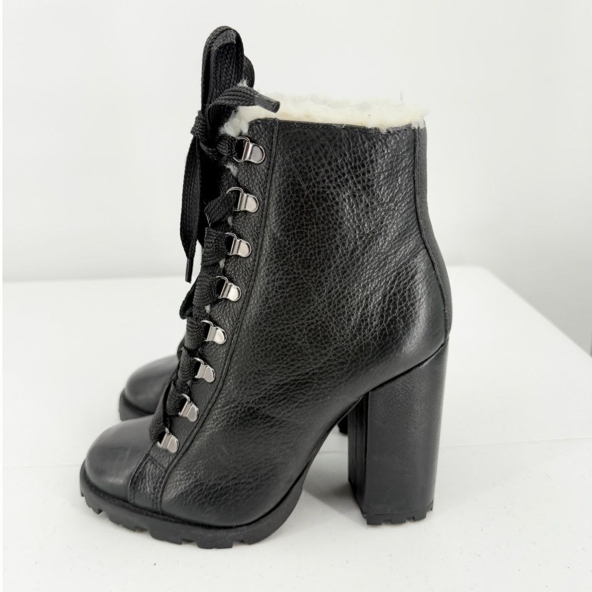 NEW Schutz Black Zhara Faux Fur Lined Lace-Up Chunky Boots