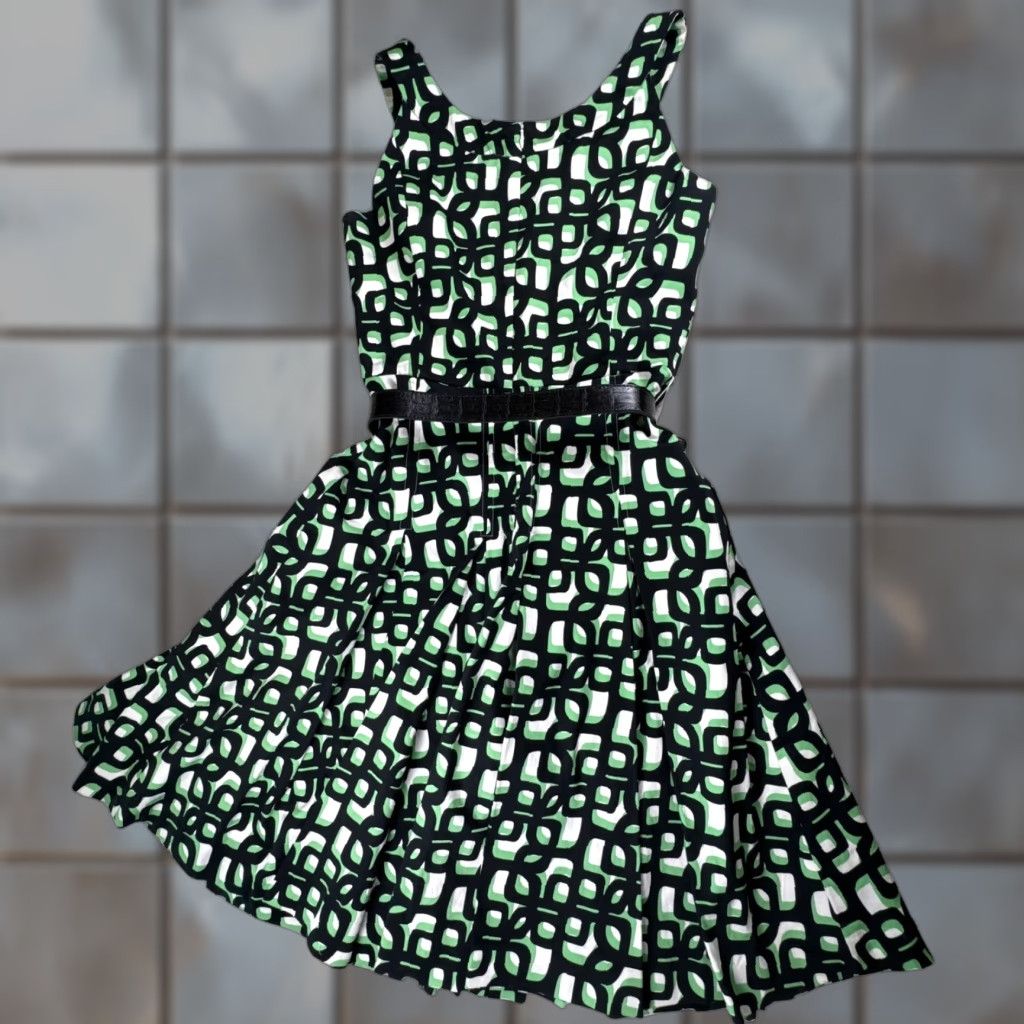 Calvin Klein Calvin Klein Geometric Dress Belted Fit & Flare Sleeveless Knee Length Women's 6 Green Black White Casual Party/Cocktail Size M / US 6-8 / IT 42-44 - 1 Thumbnail