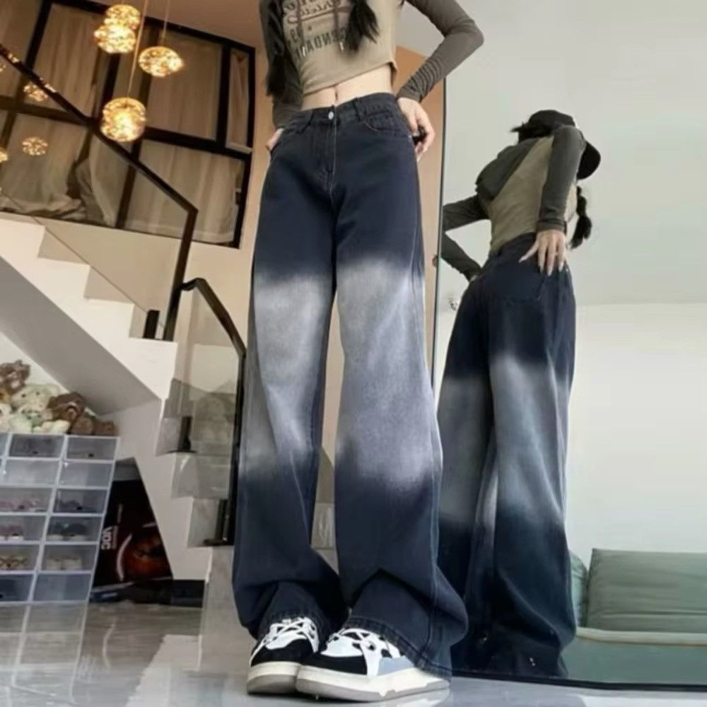Wide-leg jeans female large black-gray gradient meat design