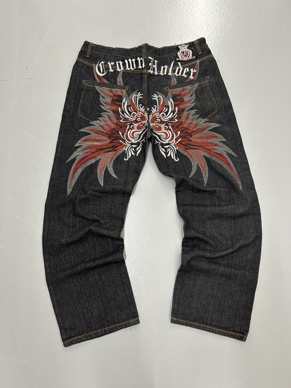 Image of Crazy Vintage Y2K Affliction Style Baggy Wing Cross Jeans in Black, Men's (Size 38)