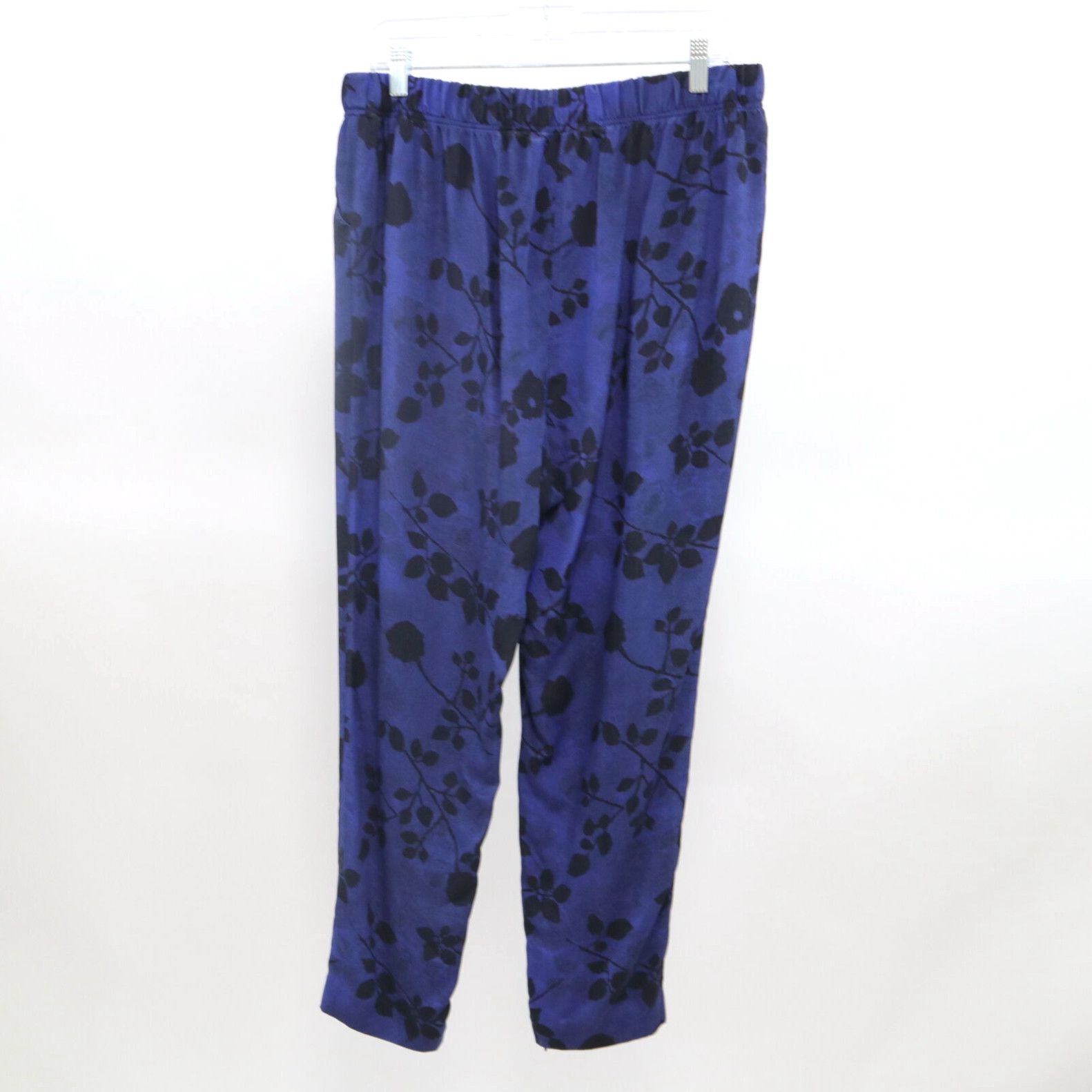 image of Vintage St. John Silk Pants Cropped Womens L Large Floral Blue Black Stretch Ankle Zip in White