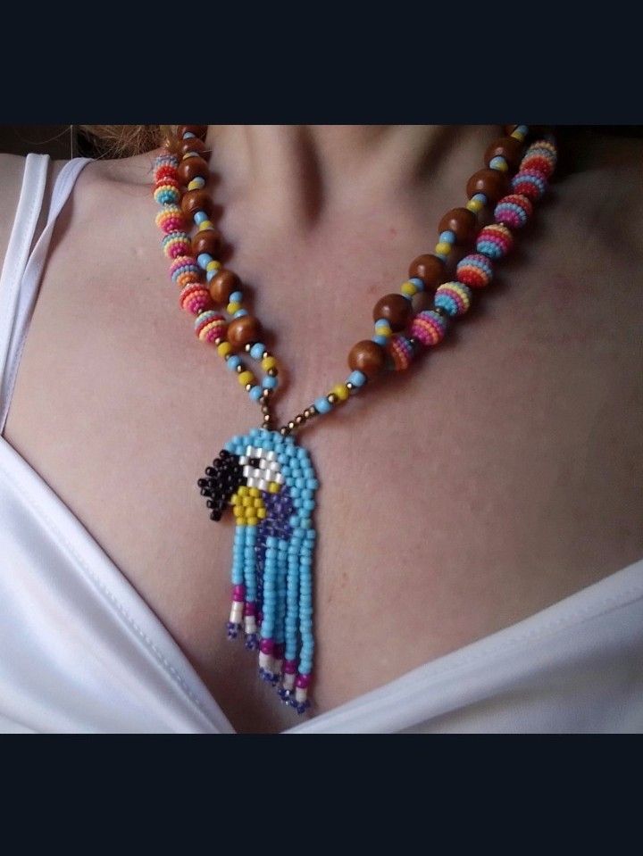 Handmade Necklace Exotic Long Wooden Multicol Parrot Beaded Pendant Size ONE SIZE - 4 Thumbnail