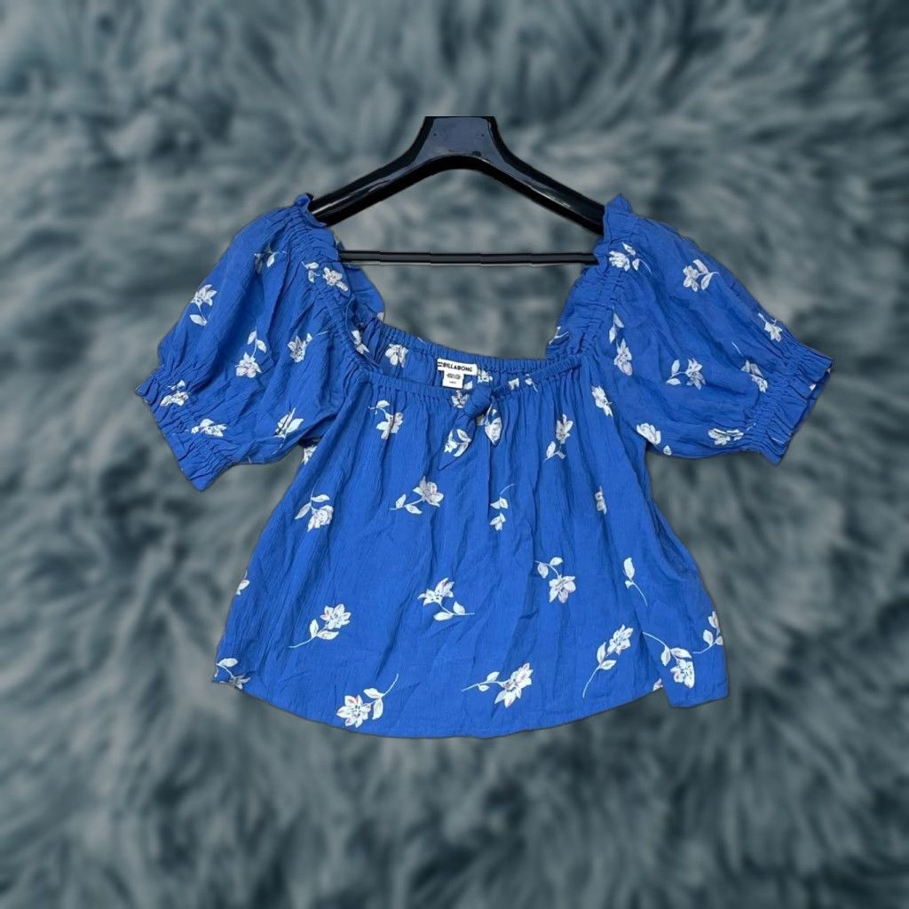 Billabong Billabong Womens Blouse Shirt Short Sleeve Boat Neck Puff Ruffle Floral Blue L Regular Womens Size L / US 10 / IT 46 - 1 Thumbnail