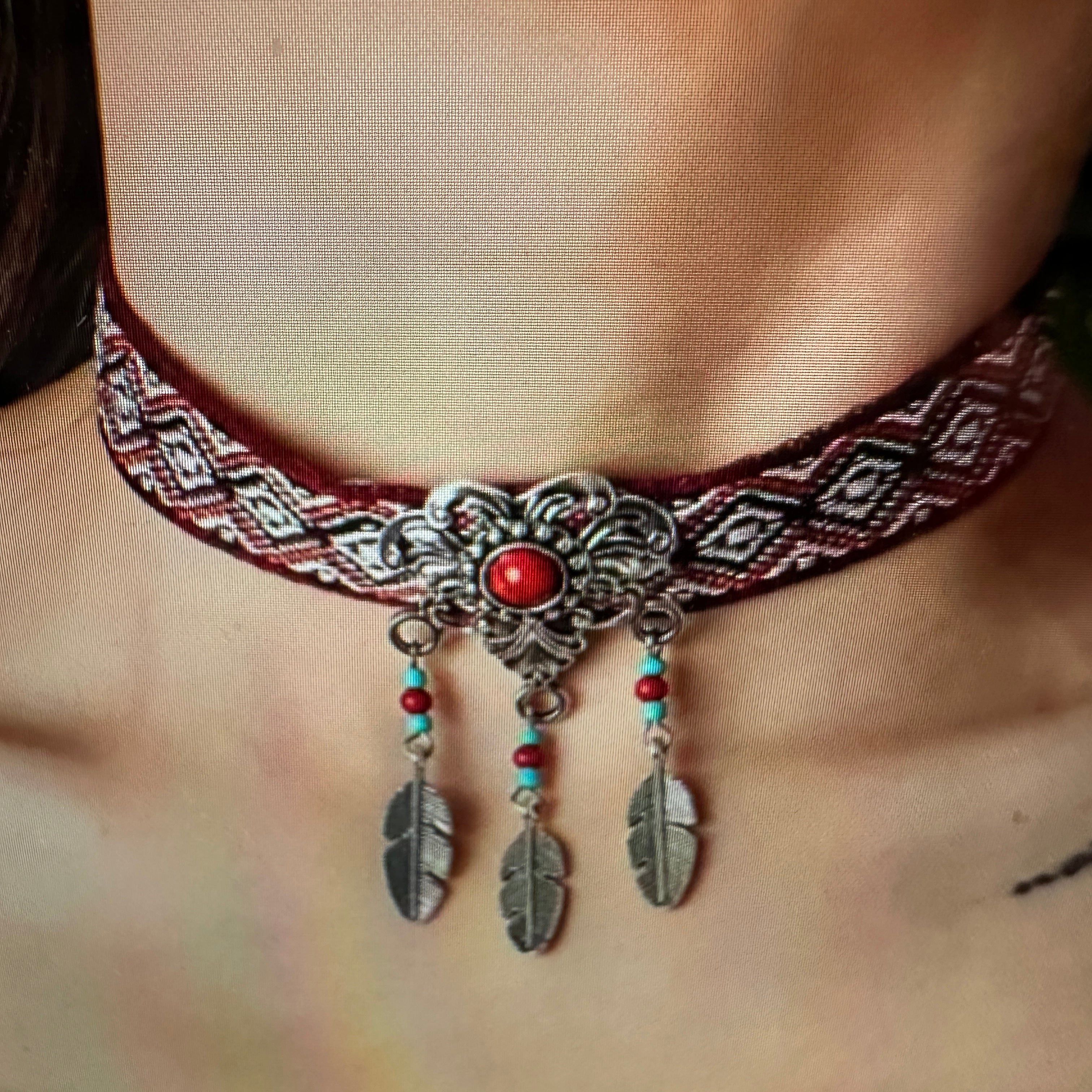 Other Handcrafted Bohemian Coral & Feather Choker Necklace with Gi Size ONE SIZE - 7 Thumbnail